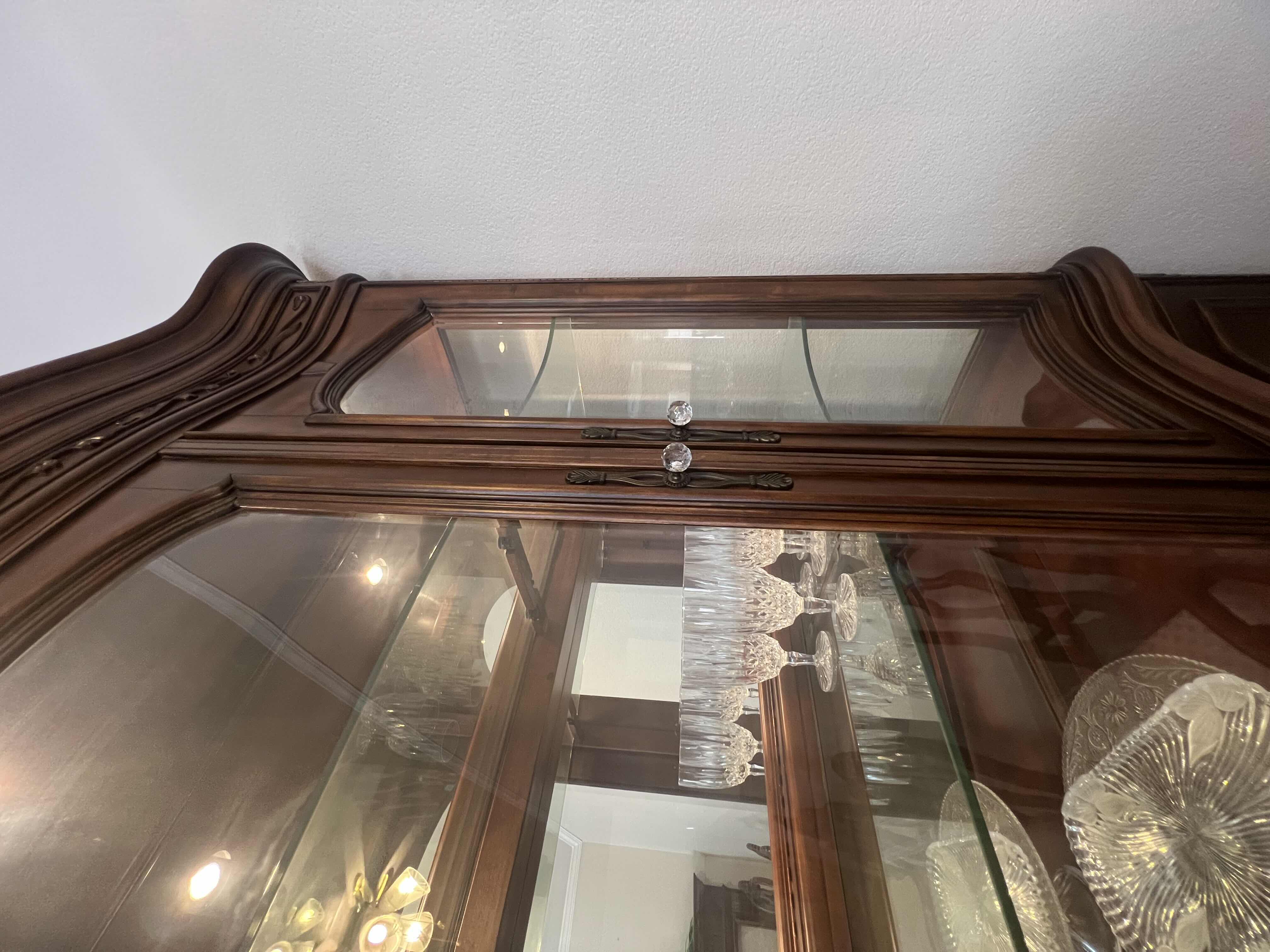 Photo 1 of VINTAGE INSPIRED-LARGE CHINA CABINET. “MICHAEL AMINI” SIGNATURE SERIES TWO PIECE TOUCH LIGHTING GLASS HUTCH. 89” H IN TOTAL. BOTTOM PIECE IS 34”H. 67”W  19” DEEP.