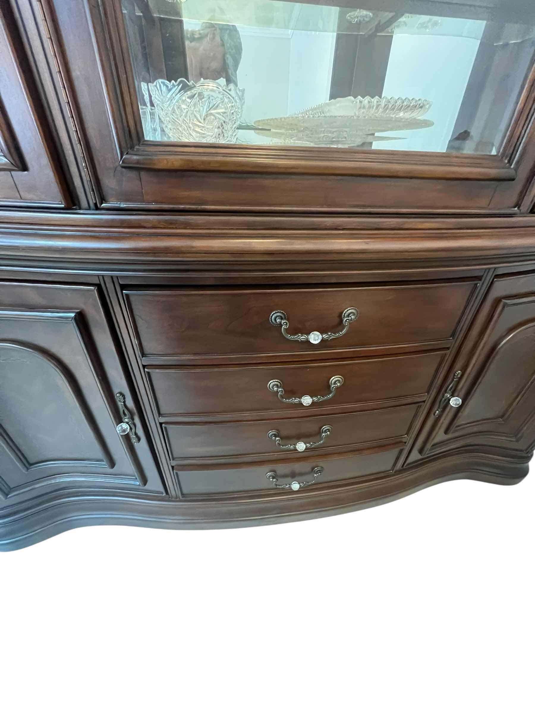 Photo 1 of VINTAGE INSPIRED-LARGE CHINA CABINET. “MICHAEL AMINI” SIGNATURE SERIES TWO PIECE TOUCH LIGHTING GLASS HUTCH. 89” H IN TOTAL. BOTTOM PIECE IS 34”H. 67”W  19” DEEP.