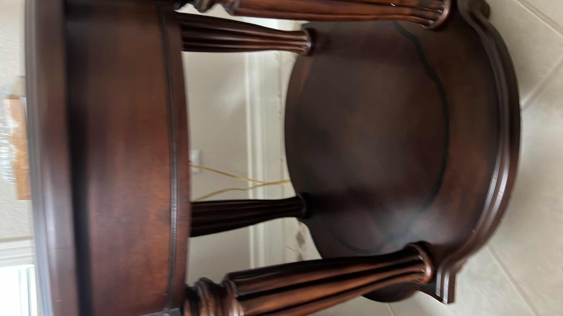 Photo 1 of MAHONGANY COLOR WOODEN AND GLASS END TABLE. 24”H PART OF SET OF 2 (SOLD SEPARATELY) 