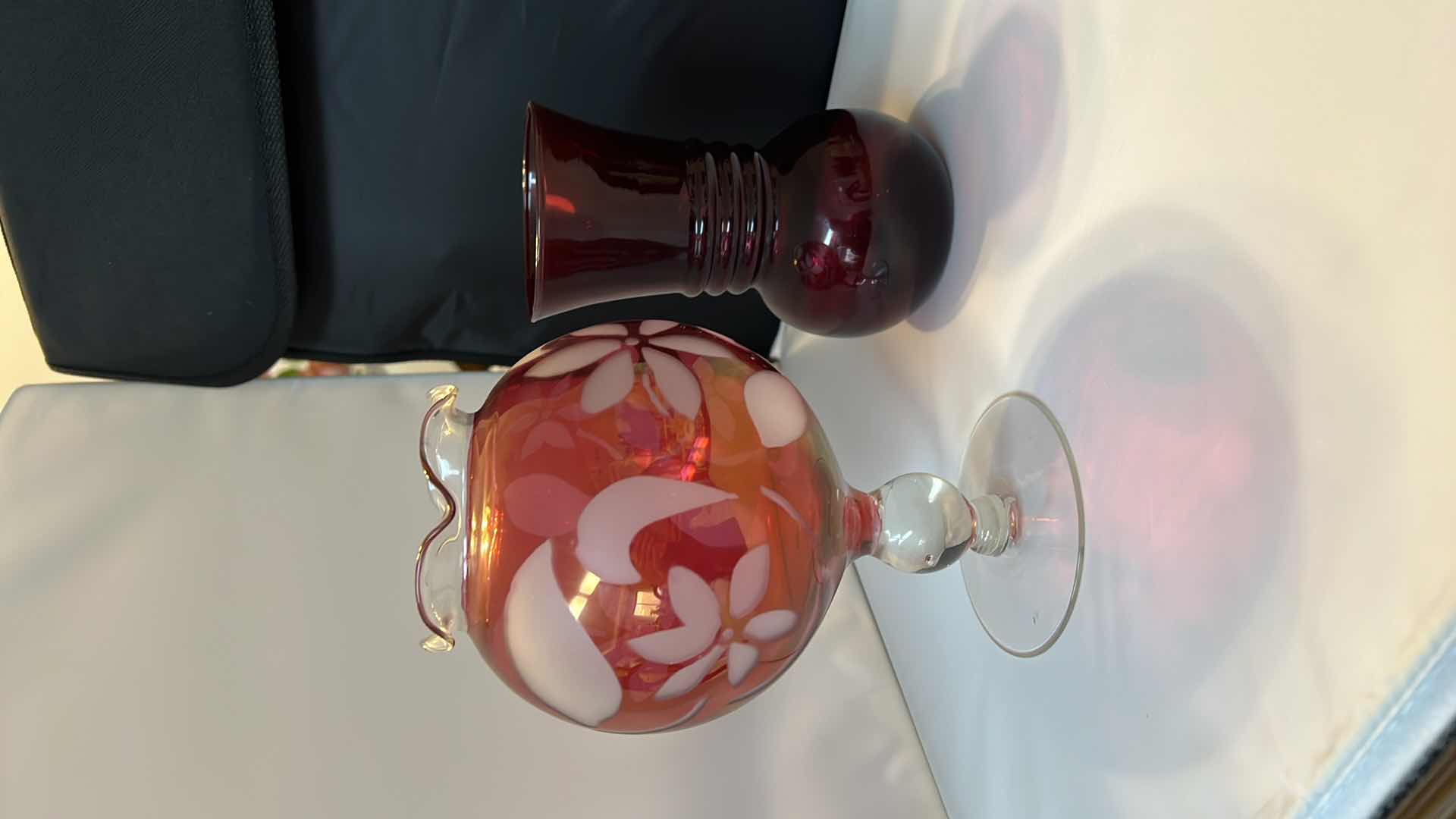 Photo 1 of VINTAGE ETCHED GLASS VASES. CRANBERRY.