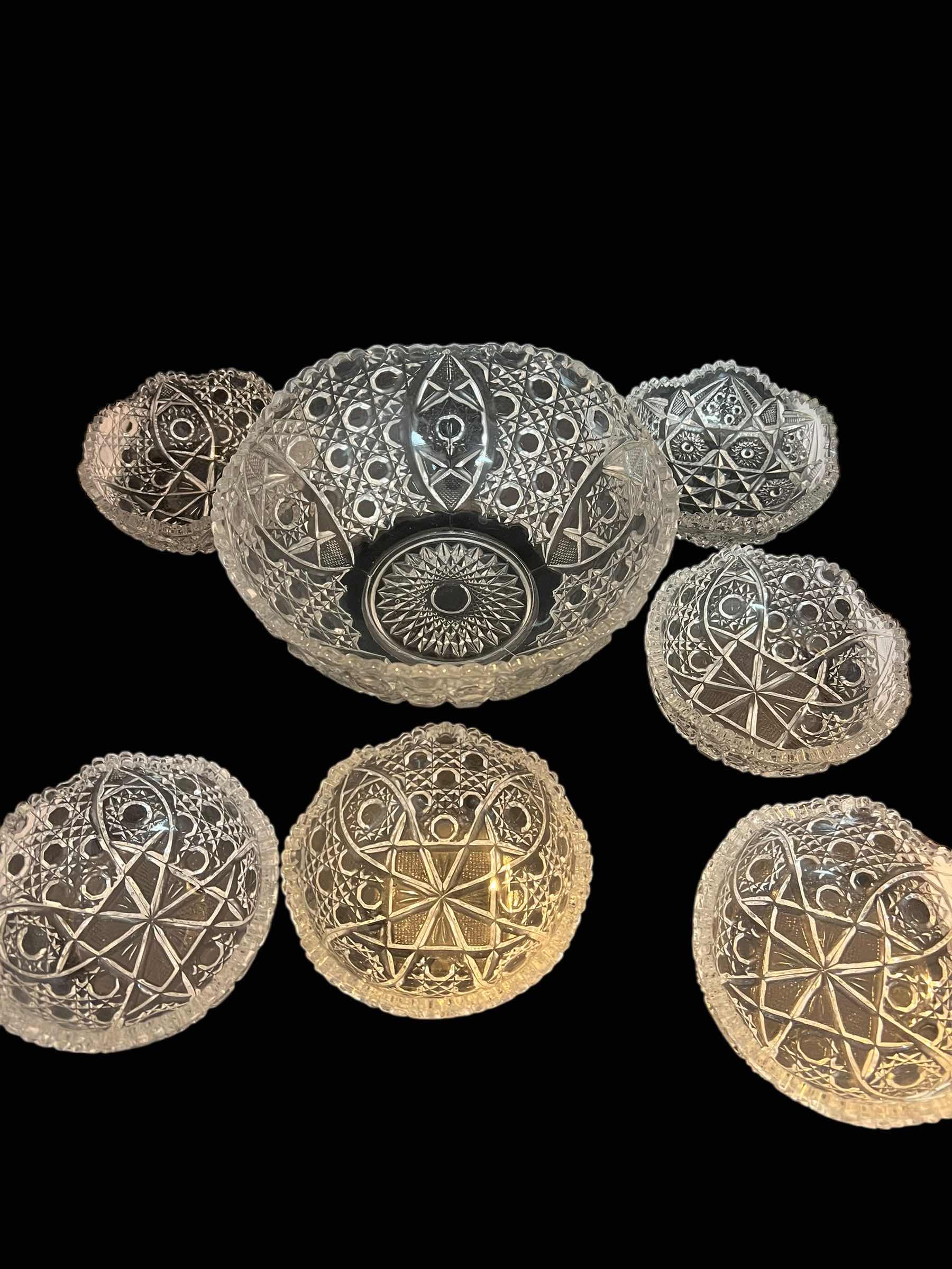 Photo 1 of 7-VINTAGE EUROPEAN LEAD CRYSTAL BOWLS. LARGER SERVING BOWL WITH 6 SMALL SOUP BOWLS.