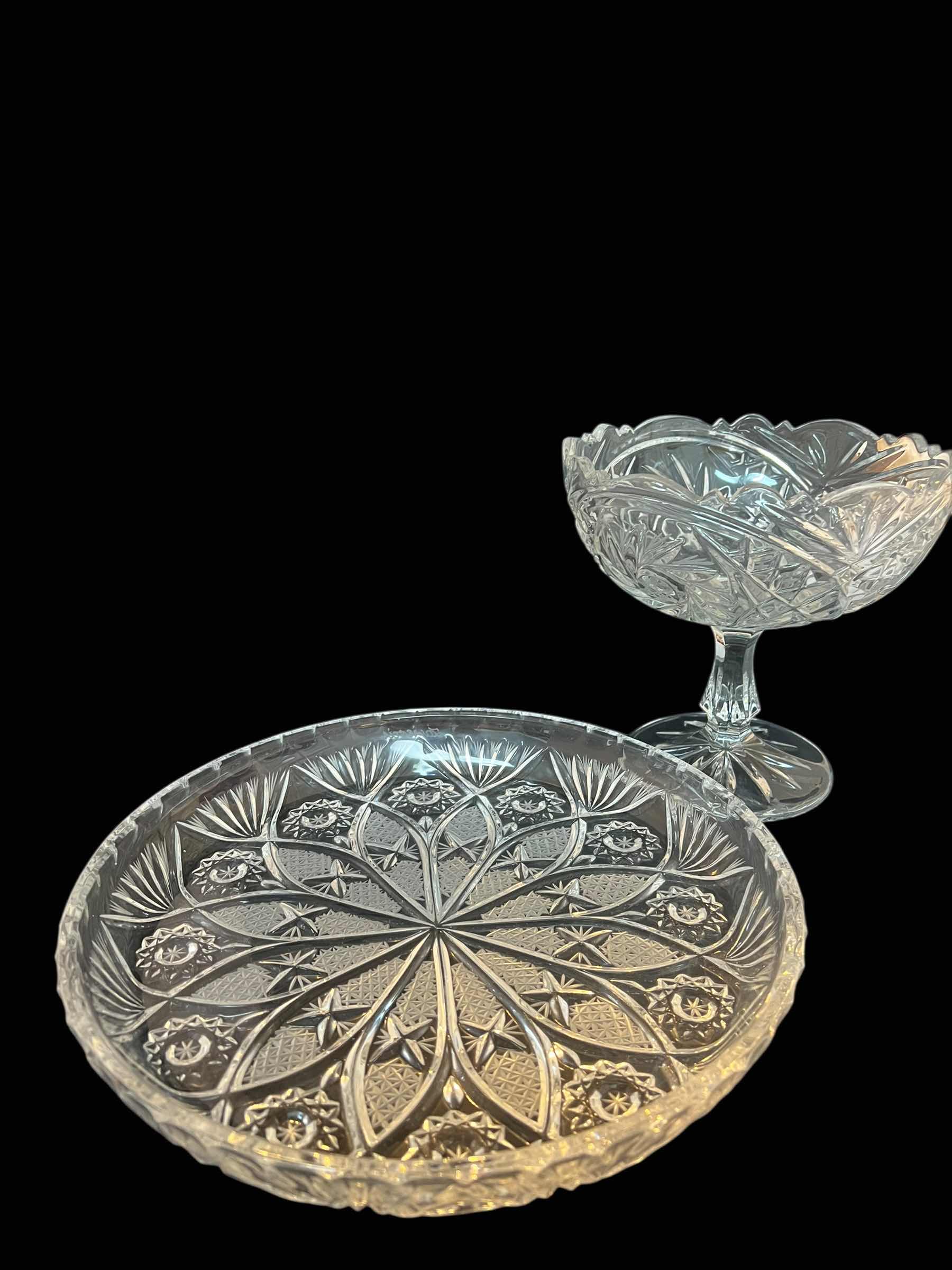 Photo 1 of VINTAGE EUROPEAN LEAD CRYSTAL SERVING PLATE AND PEDESTAL CANDY BOWL.