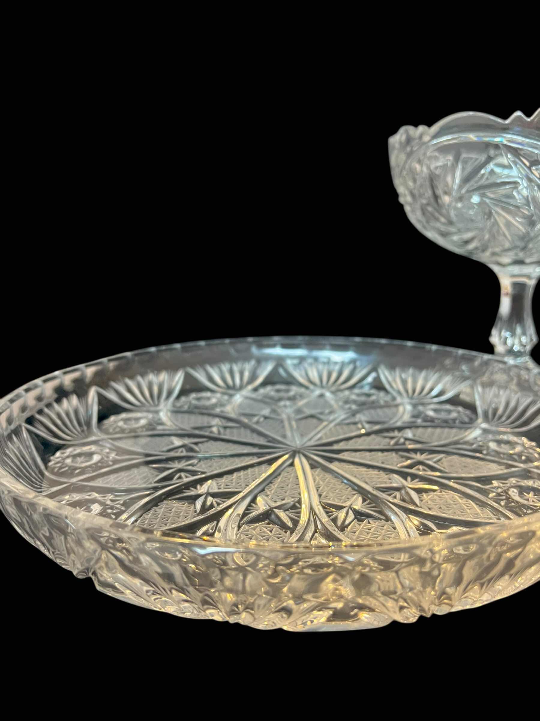 Photo 1 of VINTAGE EUROPEAN LEAD CRYSTAL SERVING PLATE AND PEDESTAL CANDY BOWL.