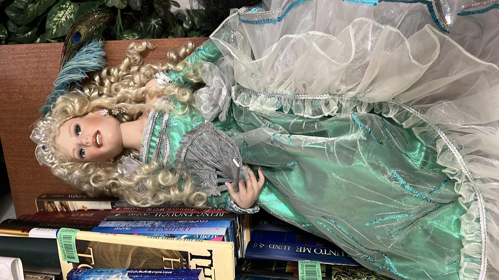 Photo 1 of VINTAGE 32” PORCELAIN DOLL.  GREEN VICTORIAN DRESSED COLLECTIBLE.