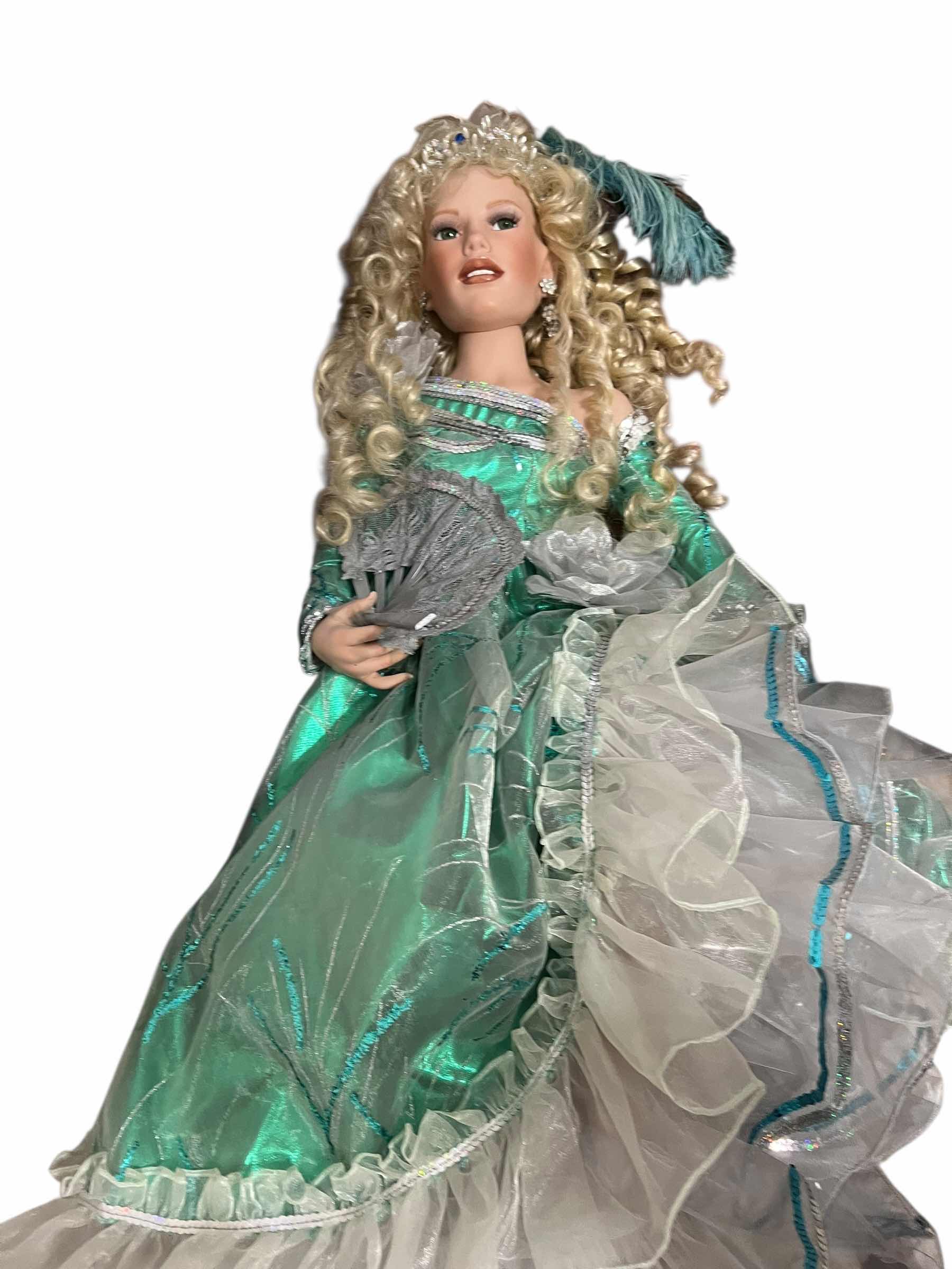 Photo 1 of VINTAGE 32” PORCELAIN DOLL.  GREEN VICTORIAN DRESSED COLLECTIBLE.