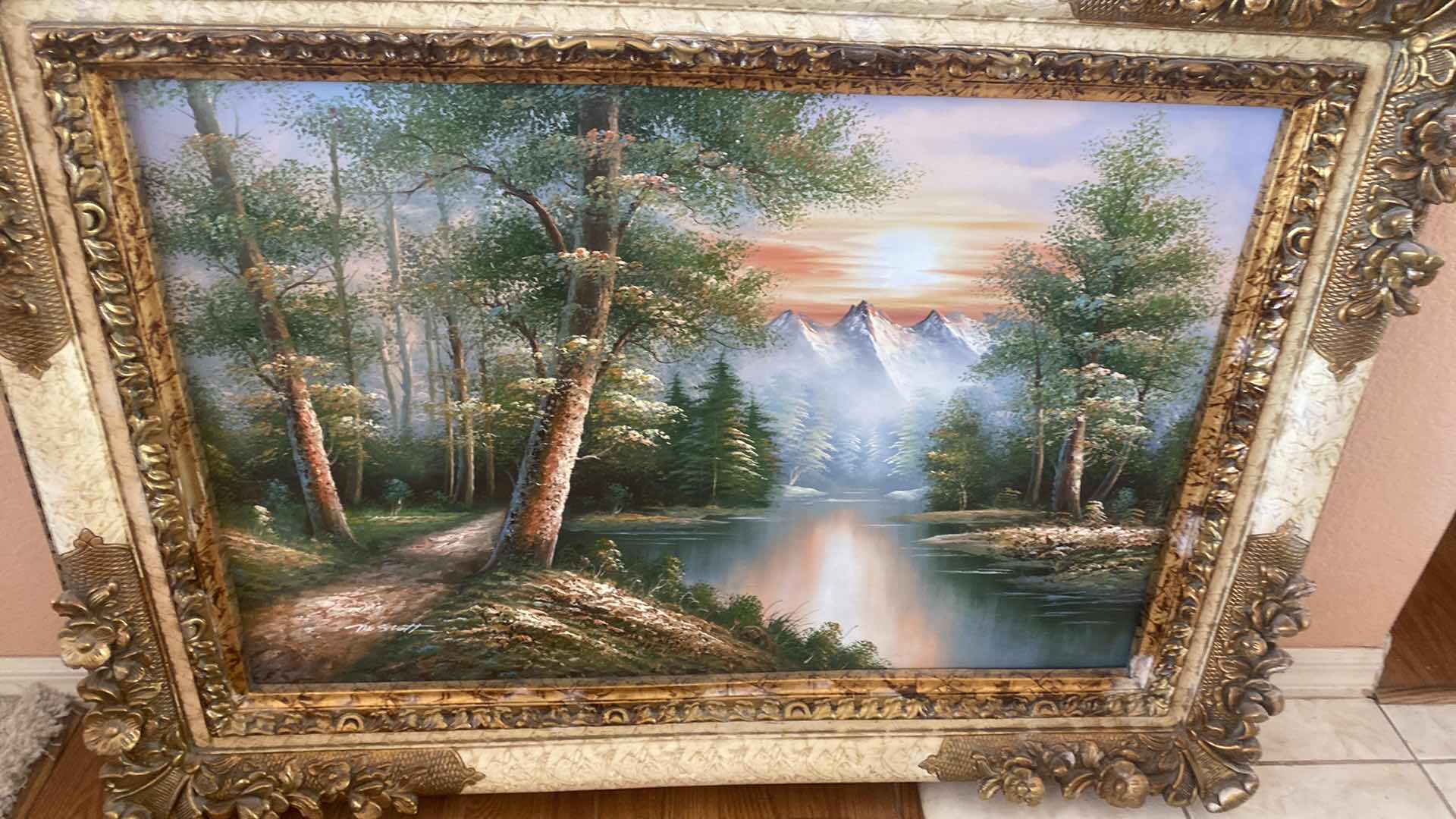 Photo 1 of ORNATE WOOD FRAMED LANDSCAPE ON CANVAS SIGNED NI SCOTT  ARTWORK 47” x 36”