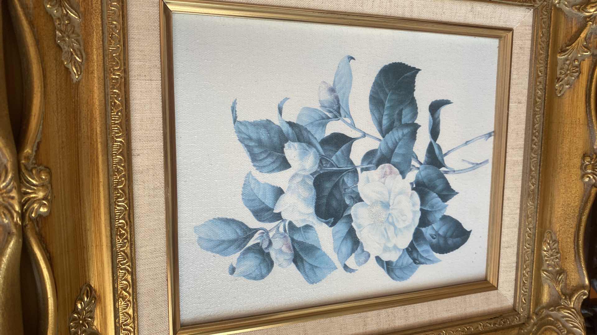 Photo 1 of 2 - ORNATE GOLD FRAMED FLORAL ON CANVAS ARTWORK LARGEST 13 1/2” x 15 1/2”