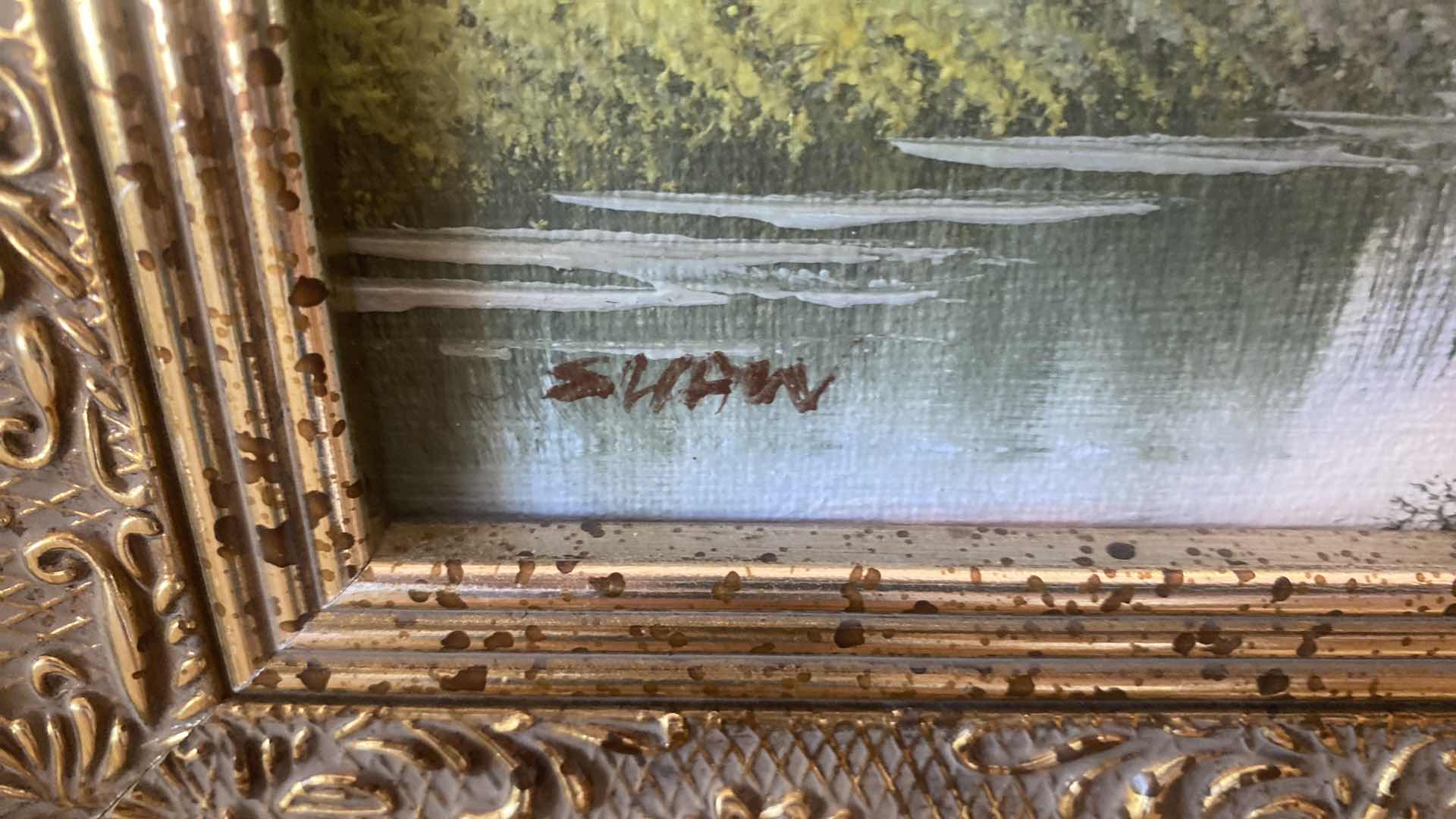 Photo 1 of 2 - ORNATE GOLD WOOD FRAMED LANDSCAPE  W GIRL & LANDSCAPE ON CANVAS SIGNED ARTWORK 15” X 13”