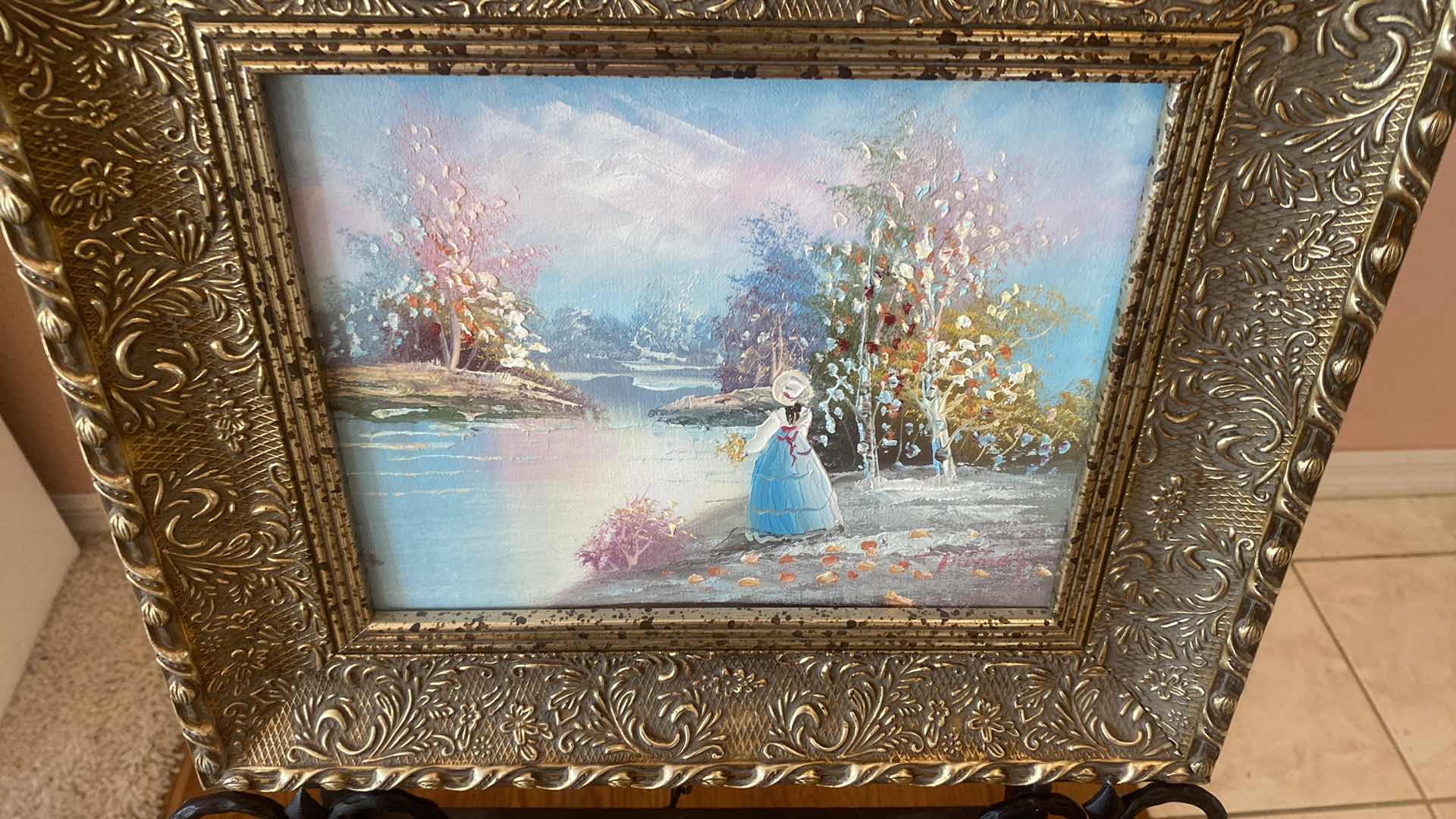 Photo 1 of 2 - ORNATE GOLD WOOD FRAMED LANDSCAPE  W GIRL & LANDSCAPE ON CANVAS SIGNED ARTWORK 15” X 13”