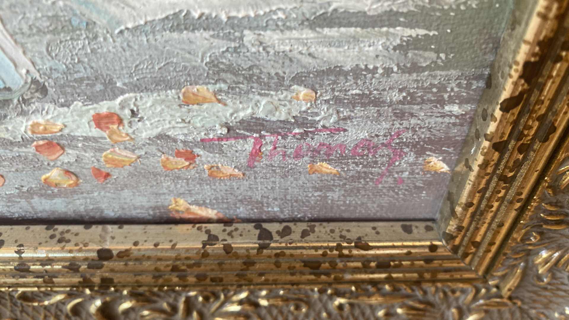 Photo 1 of 2 - ORNATE GOLD WOOD FRAMED LANDSCAPE  W GIRL & LANDSCAPE ON CANVAS SIGNED ARTWORK 15” X 13”