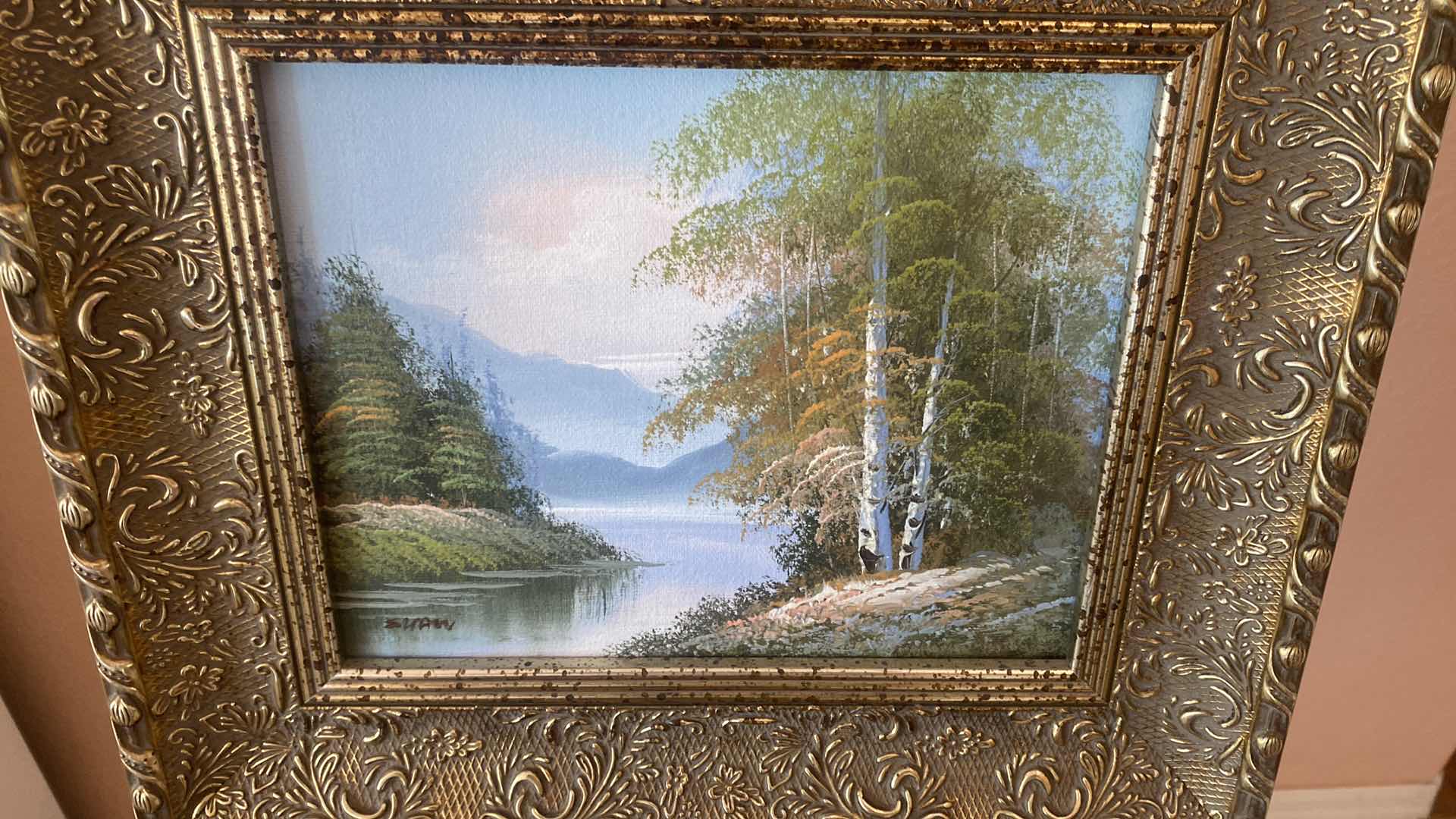 Photo 1 of 2 - ORNATE GOLD WOOD FRAMED LANDSCAPE  W GIRL & LANDSCAPE ON CANVAS SIGNED ARTWORK 15” X 13”