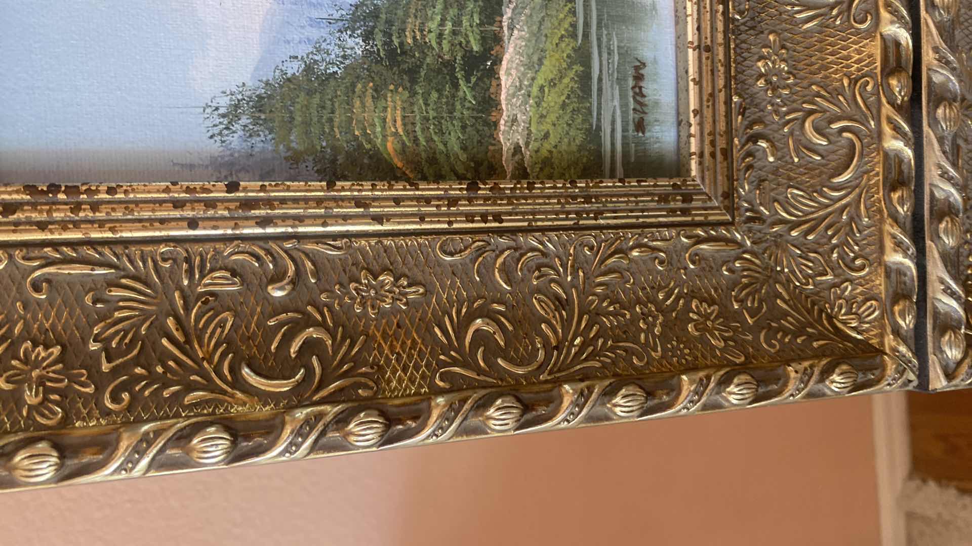 Photo 1 of 2 - ORNATE GOLD WOOD FRAMED LANDSCAPE  W GIRL & LANDSCAPE ON CANVAS SIGNED ARTWORK 15” X 13”