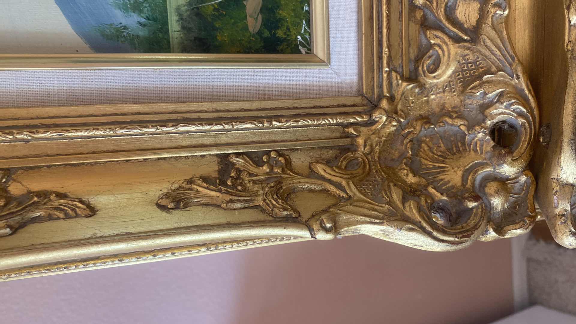 Photo 4 of 2 - ORNATE GOLD WOOD FRAMED LANDSCAPE ON CANVAS SIGNED ARTWORK 17” x 15”