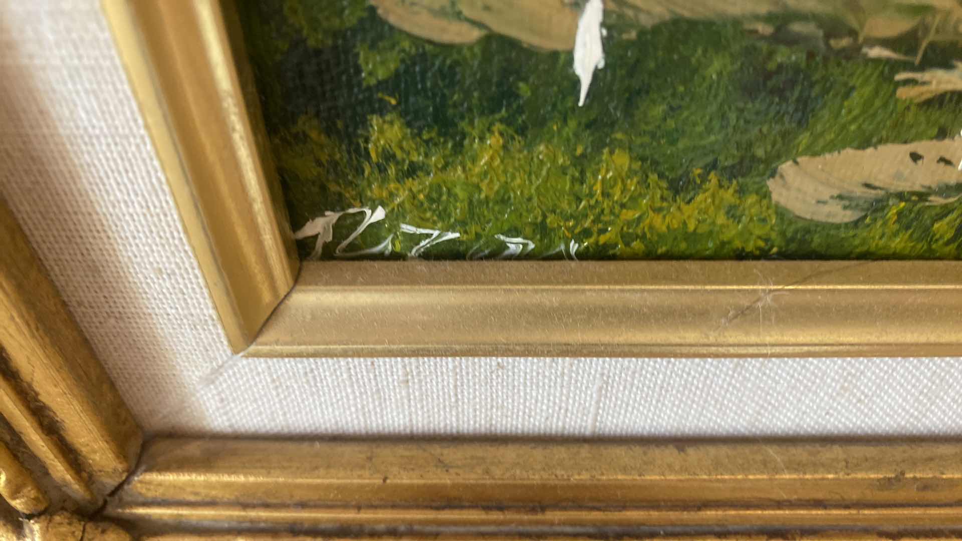 Photo 1 of 2 - ORNATE GOLD WOOD FRAMED LANDSCAPE ON CANVAS SIGNED ARTWORK 17” x 15”