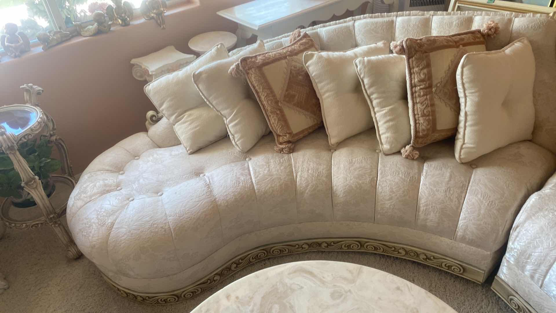 Photo 1 of 2 PIECE CREAM CURVED UPHOLSTERED SOFA WITH TOSS PILLOWS  (EACH MEASURES 85” x 27” H30 1/2”