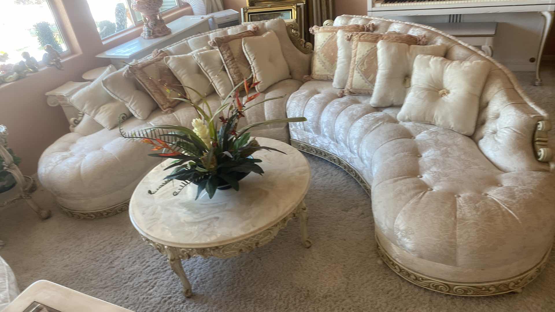 Photo 1 of 2 PIECE CREAM CURVED UPHOLSTERED SOFA WITH TOSS PILLOWS  (EACH MEASURES 85” x 27” H30 1/2”