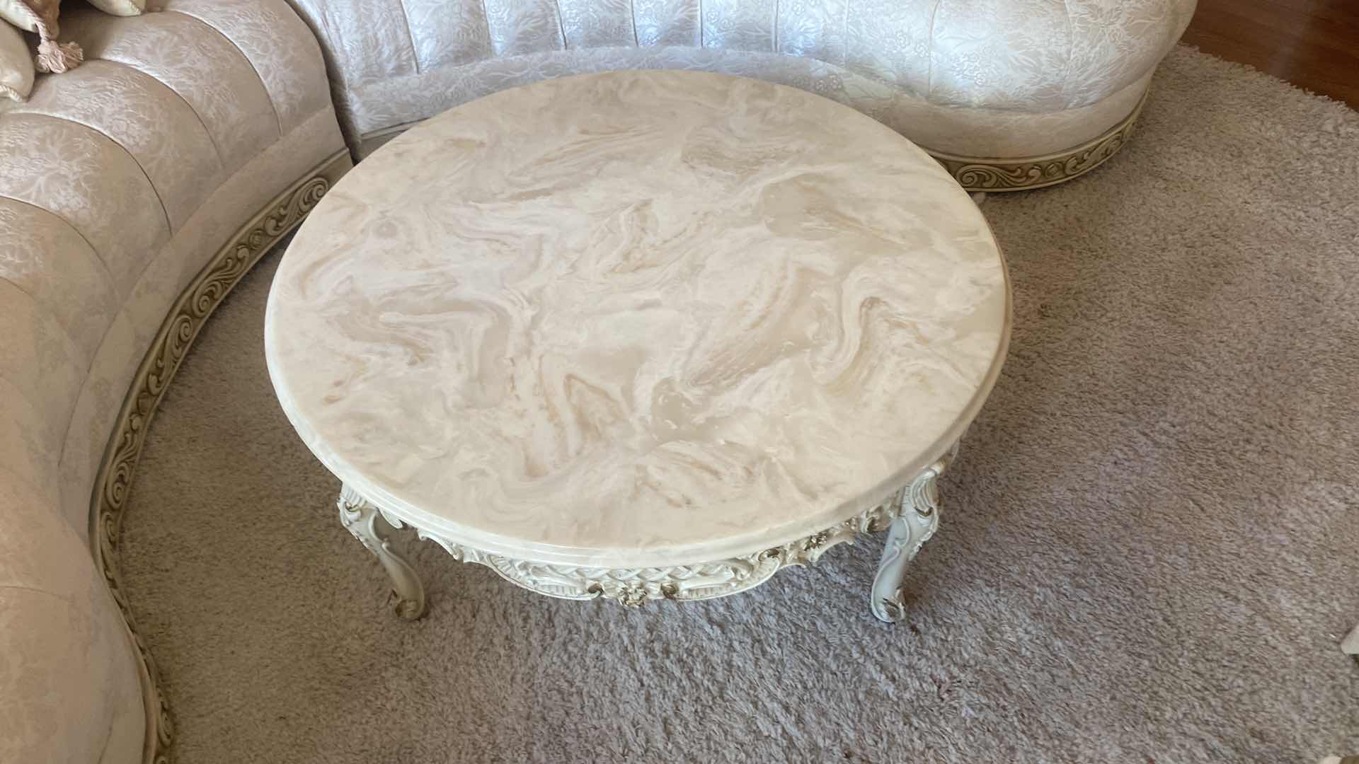 Photo 1 of 38 1/2” ROUND COCKTAIL TABLE WITH WOOD & MARBLE TOP H14 1/2”