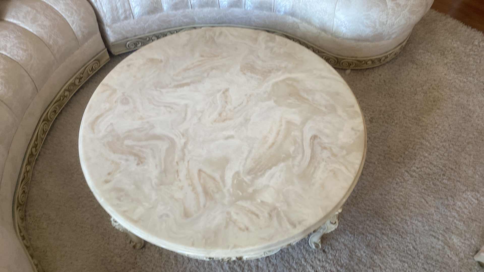 Photo 1 of 38 1/2” ROUND COCKTAIL TABLE WITH WOOD & MARBLE TOP H14 1/2”