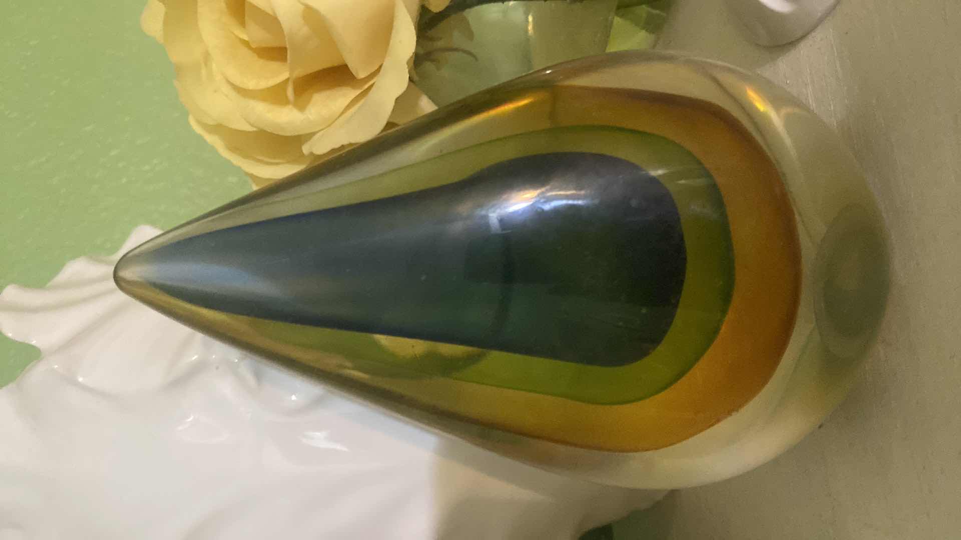 Photo 1 of 4 HOME DECOR - TISSUE BOX, FAUX FLORAL, GLASS PAPER WEIGHT & VASE H9”