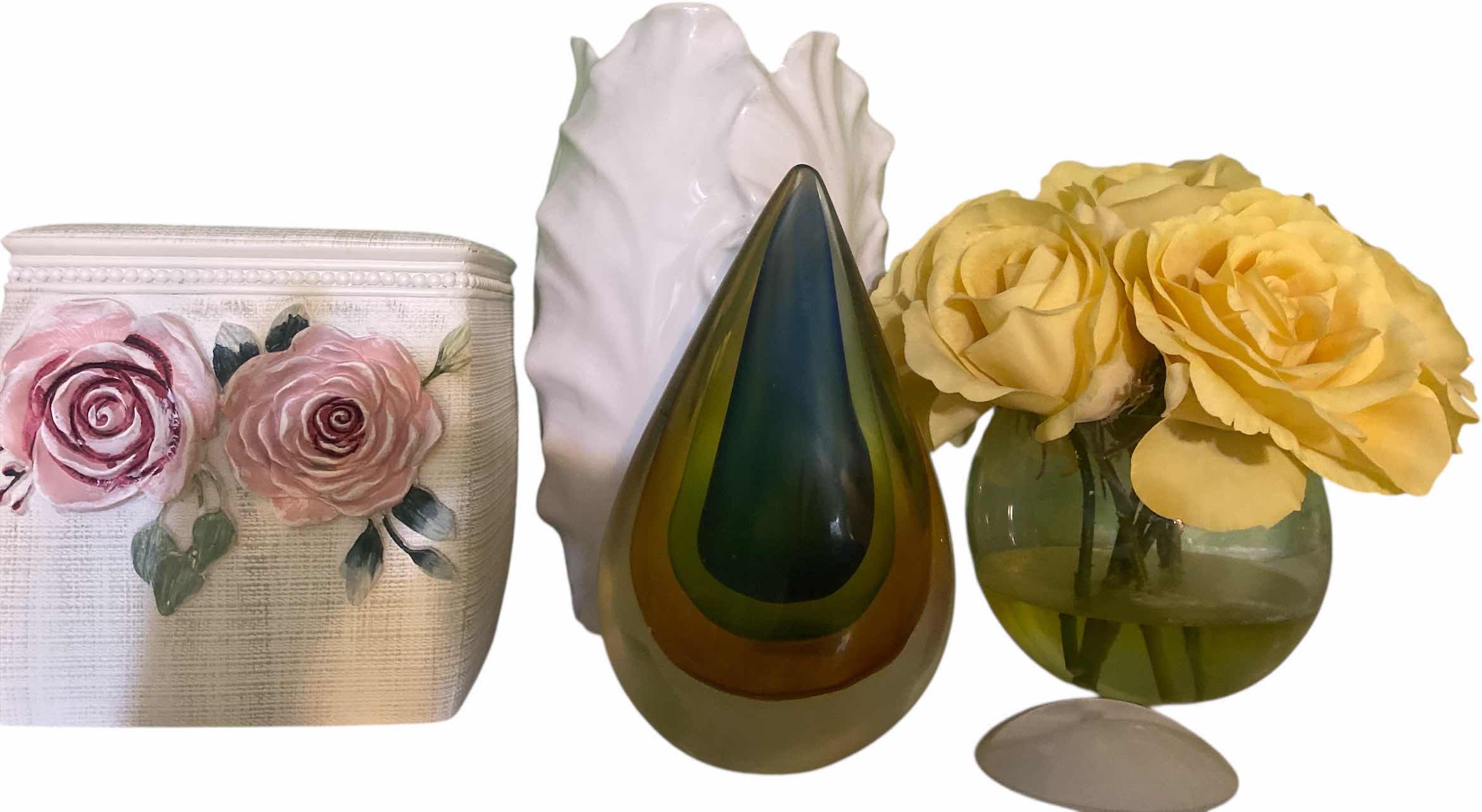 Photo 1 of 4 HOME DECOR - TISSUE BOX, FAUX FLORAL, GLASS PAPER WEIGHT & VASE H9”