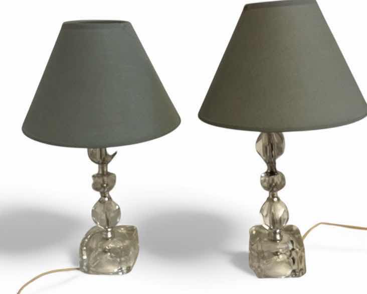 Photo 1 of 2 TABLE LAMPS - ACRYLIC BASE WITU BLUE SHADES H17”