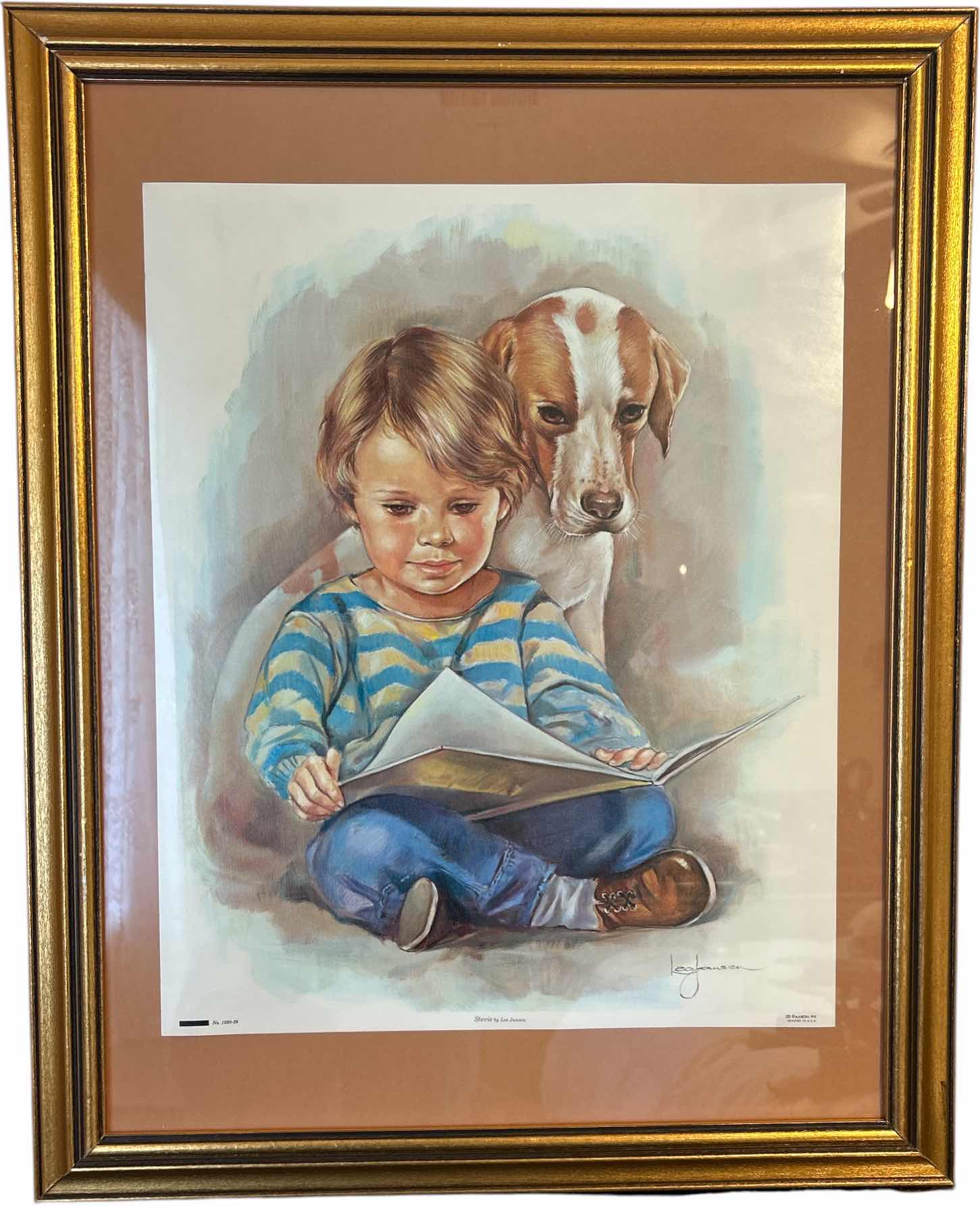 Photo 1 of GOLD WOOD FRAMED, BOY READING TO DOG, PRINT ARTWORK 24“ x H30“
