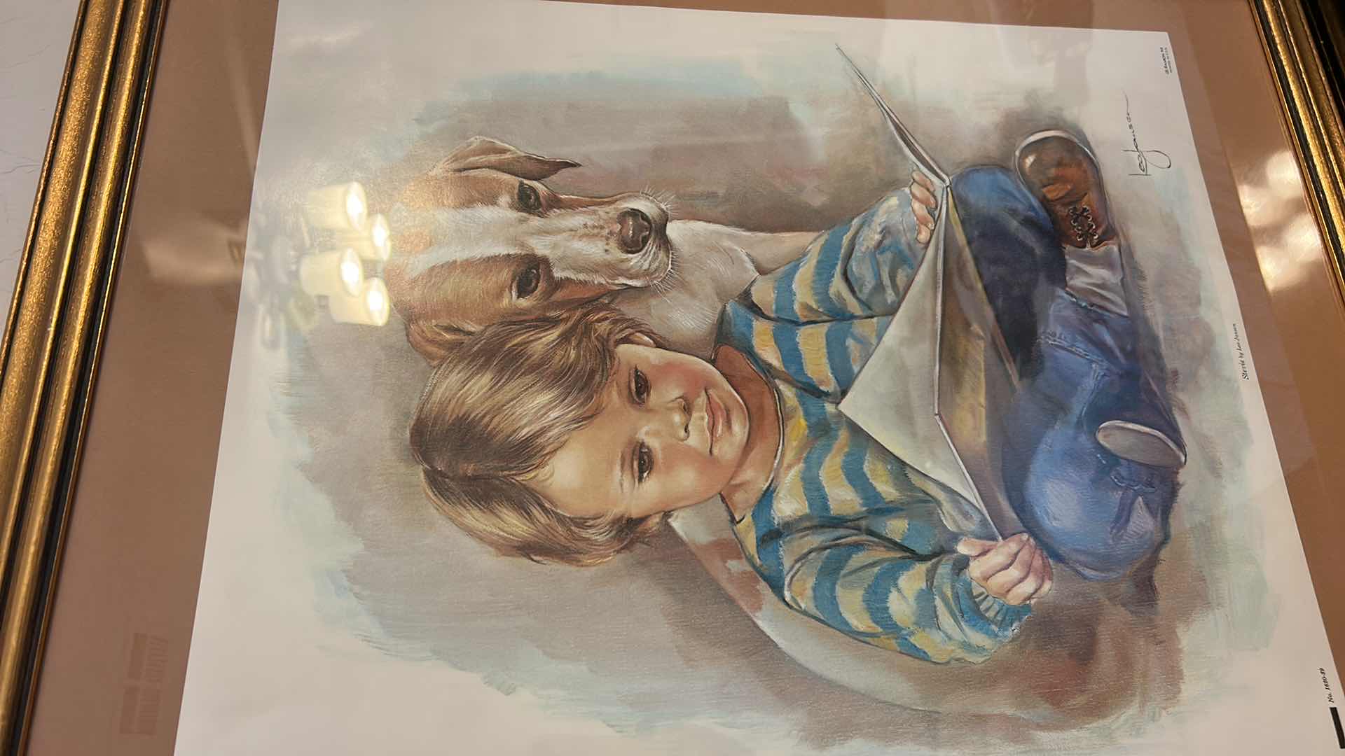 Photo 1 of GOLD WOOD FRAMED, BOY READING TO DOG, PRINT ARTWORK 24“ x H30“