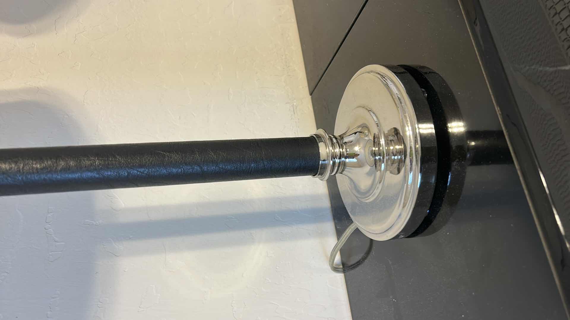 Photo 1 of 2 - BLACK LEATHER WRAPPED WITH SILVER ACCENTS AND BLACK OUTLINED WHITE SHADESTABLE LAMP  H28”