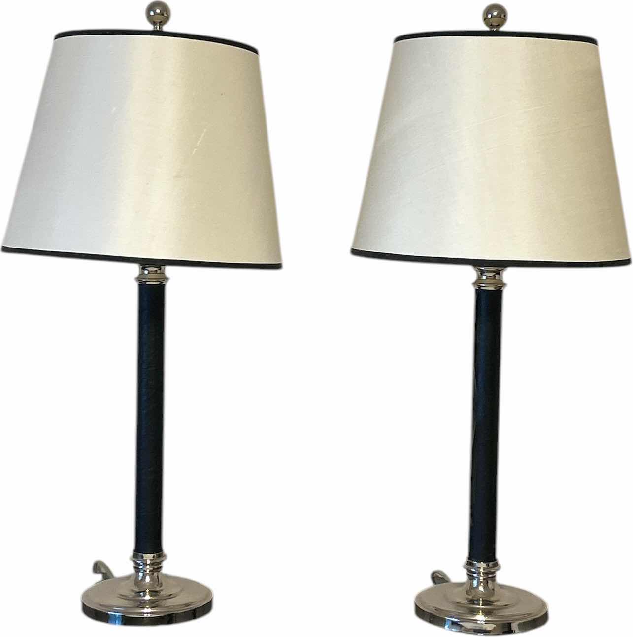 Photo 1 of 2 - BLACK LEATHER WRAPPED WITH SILVER ACCENTS AND BLACK OUTLINED WHITE SHADESTABLE LAMP  H28”