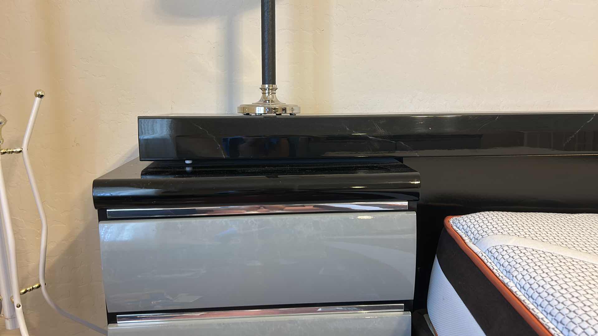 Photo 1 of 2 MILLENNIUM ART DECO WOOD WITH HIGH GLOSS FINISH NIGHTSTANDS  24“ x 17“ x H30 1/2“WITH ATTACHED HEADBOARD 9’