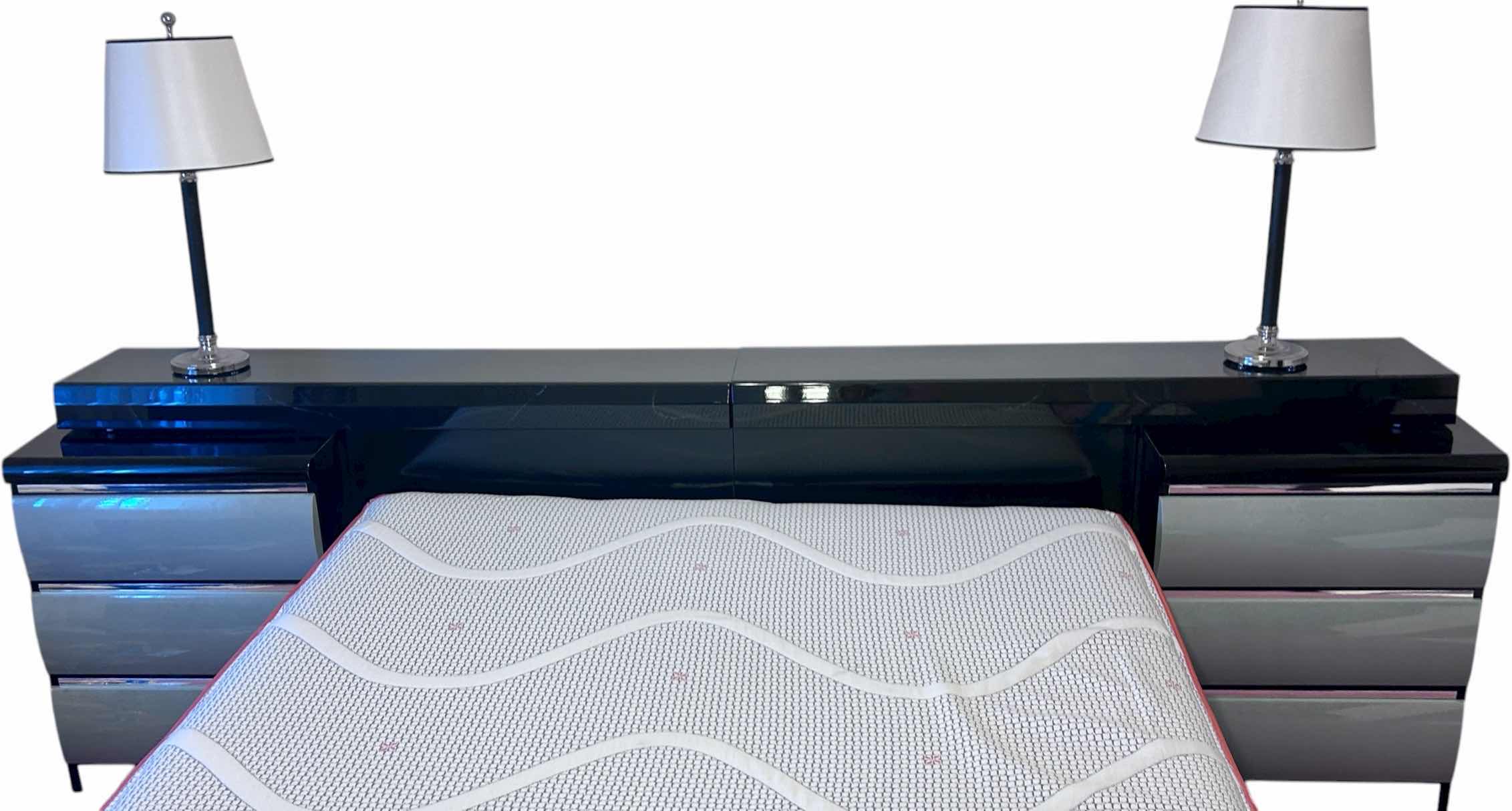 Photo 1 of 2 MILLENNIUM ART DECO WOOD WITH HIGH GLOSS FINISH NIGHTSTANDS  24“ x 17“ x H30 1/2“WITH ATTACHED HEADBOARD 9’