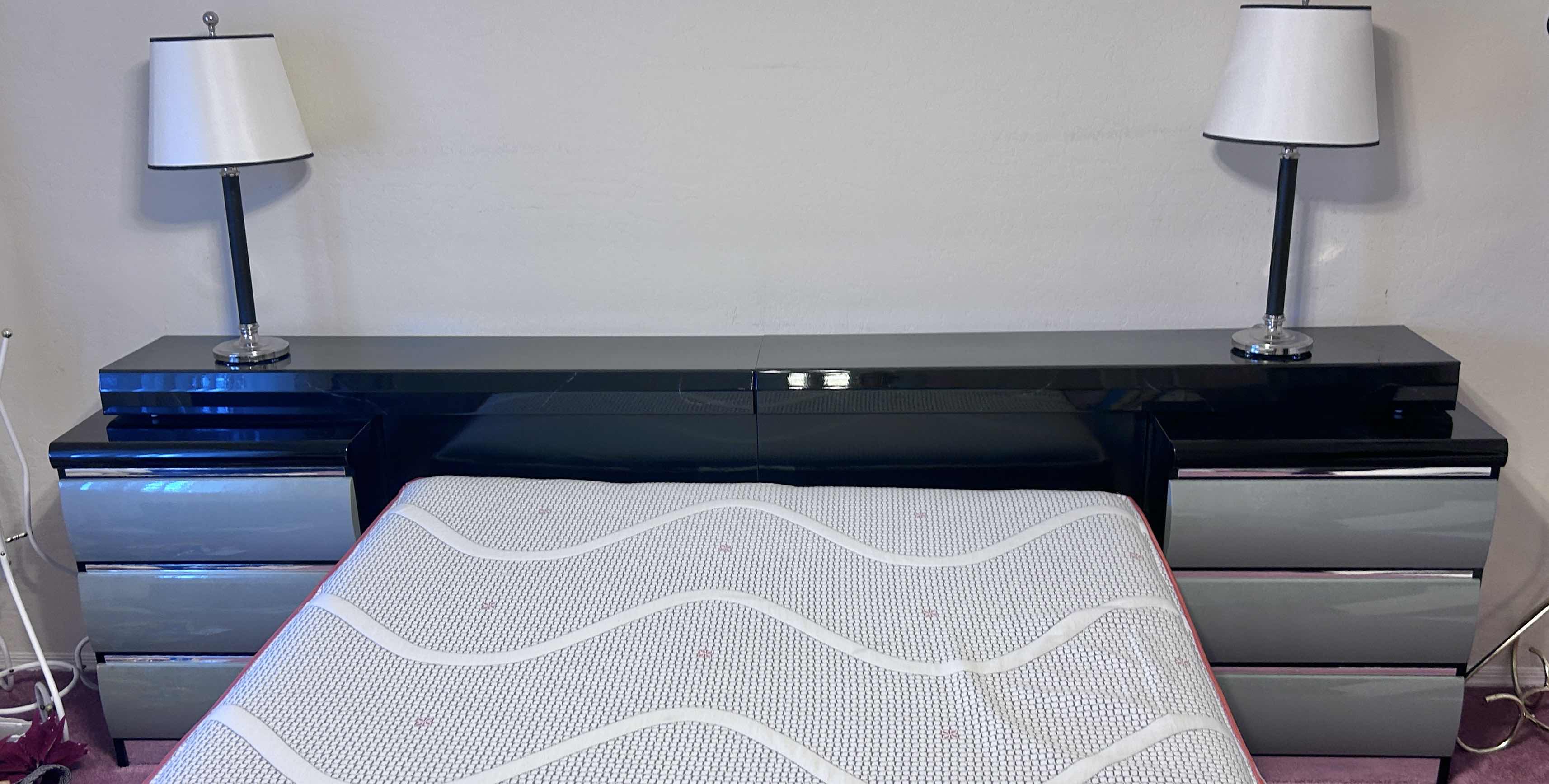 Photo 1 of 2 MILLENNIUM ART DECO WOOD WITH HIGH GLOSS FINISH NIGHTSTANDS  24“ x 17“ x H30 1/2“WITH ATTACHED HEADBOARD 9’