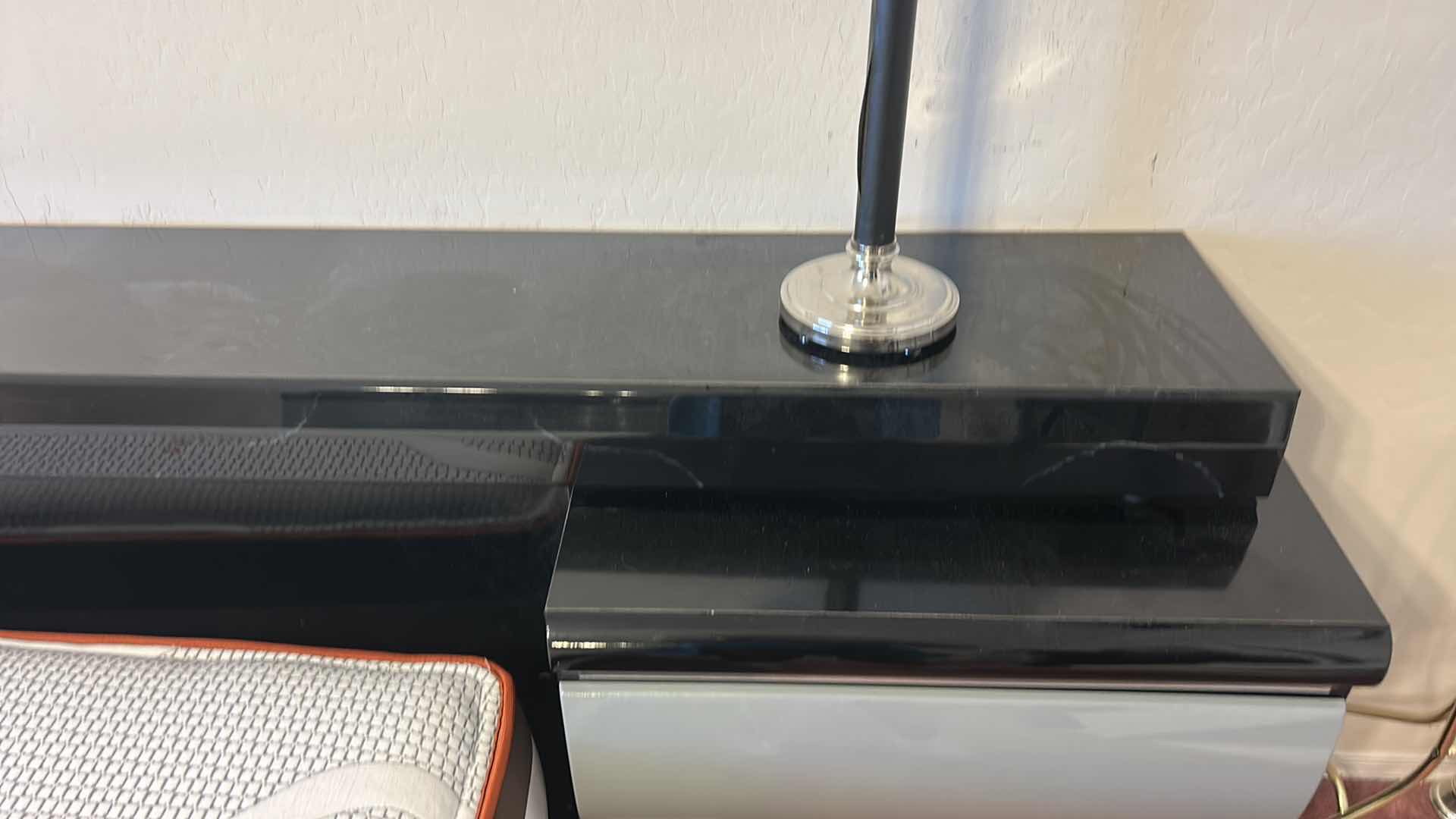 Photo 1 of 2 MILLENNIUM ART DECO WOOD WITH HIGH GLOSS FINISH NIGHTSTANDS  24“ x 17“ x H30 1/2“WITH ATTACHED HEADBOARD 9’