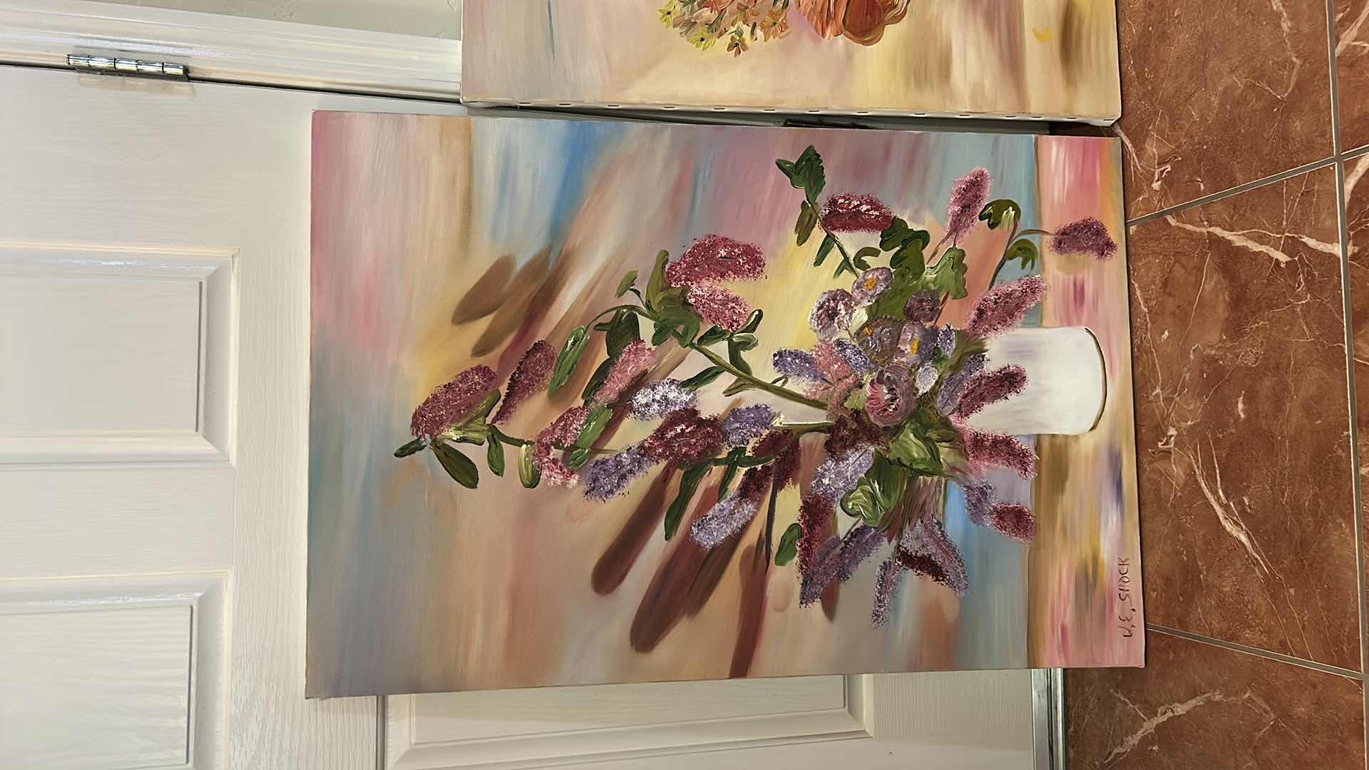 Photo 1 of 2 UNFRAMED SIGNED FLORAL PAINT ON CANVAS ARTWORK PIECES (LARGEST 24” x 36”)
