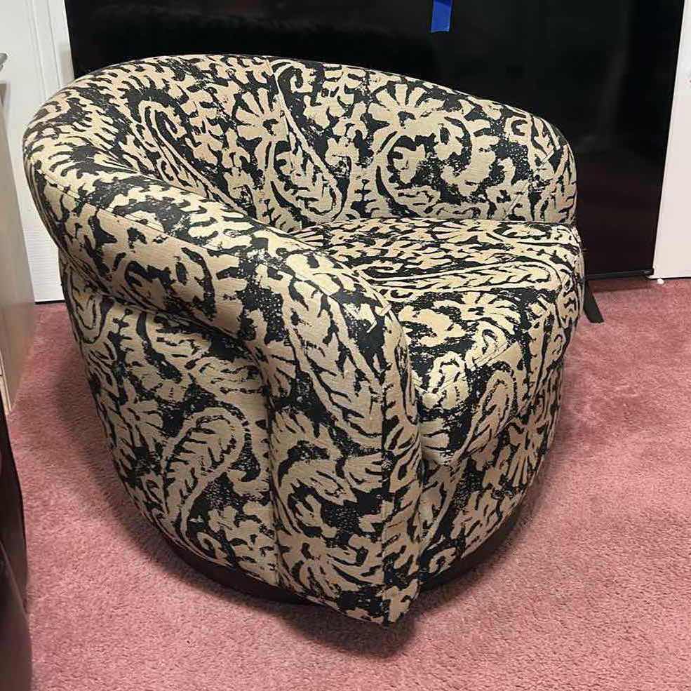 Photo 1 of BLACK AND TAN ROTATING WHEELED PETITE OCCASIONAL CHAIR 31“ x 31“ x H26“