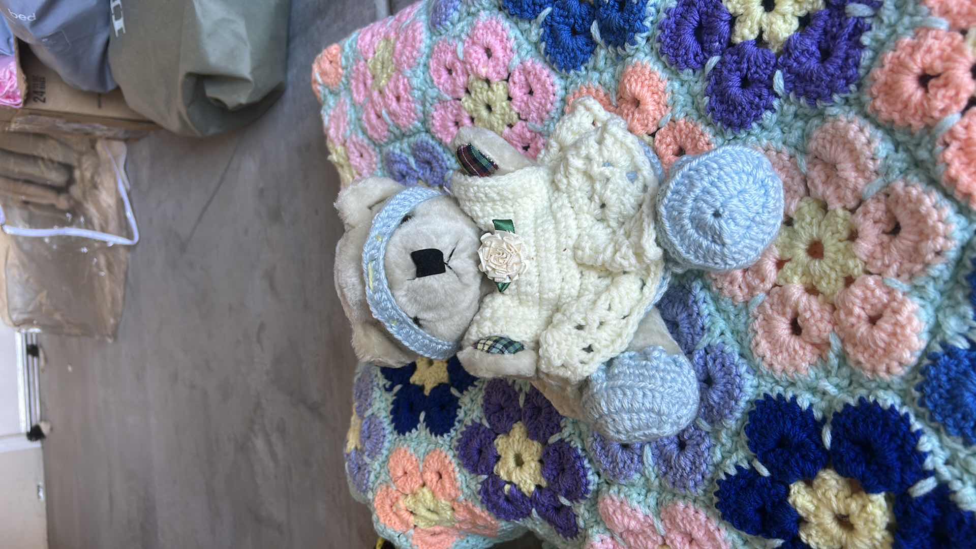 Photo 1 of 2 CROCHETED AFGANS AND BEARS WITH CROCHETED OUTFITS