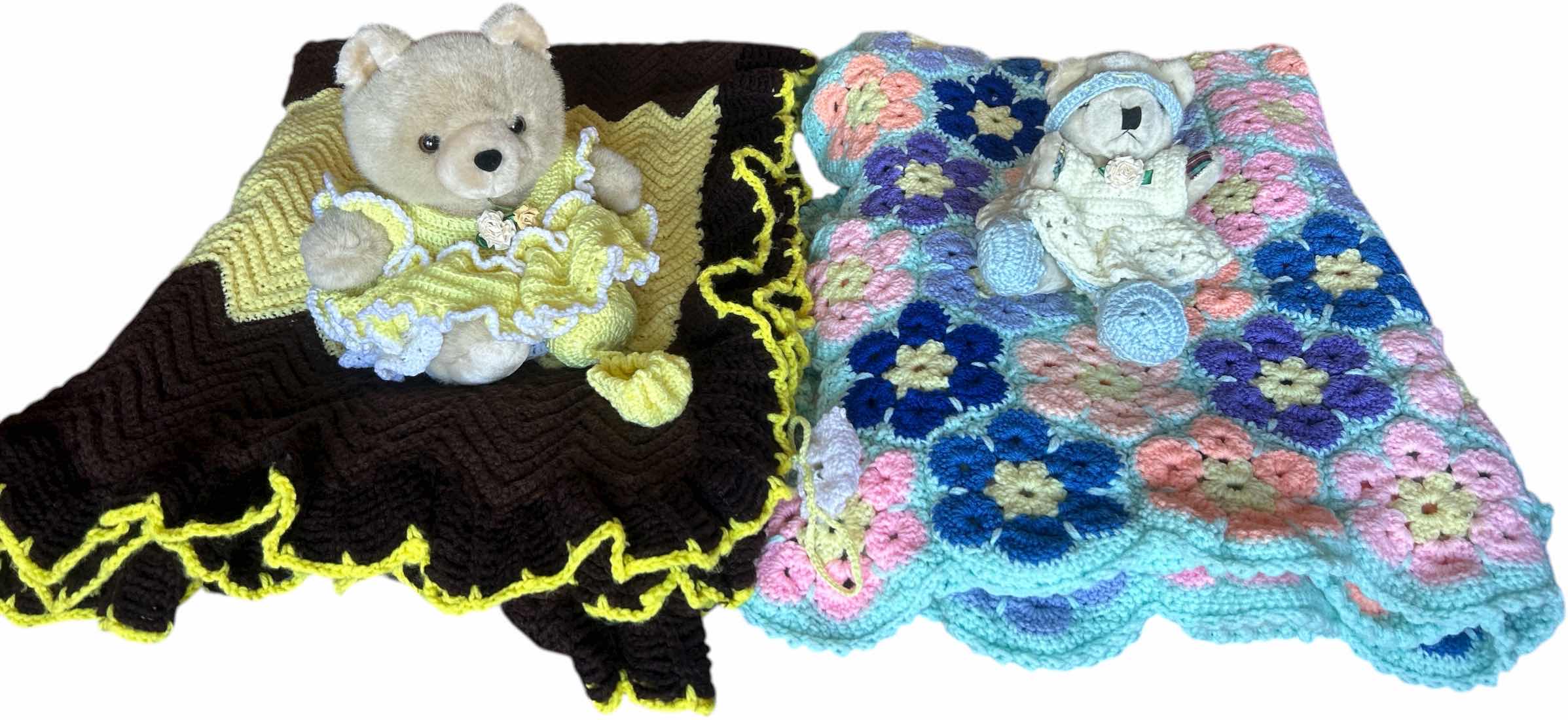 Photo 1 of 2 CROCHETED AFGANS AND BEARS WITH CROCHETED OUTFITS