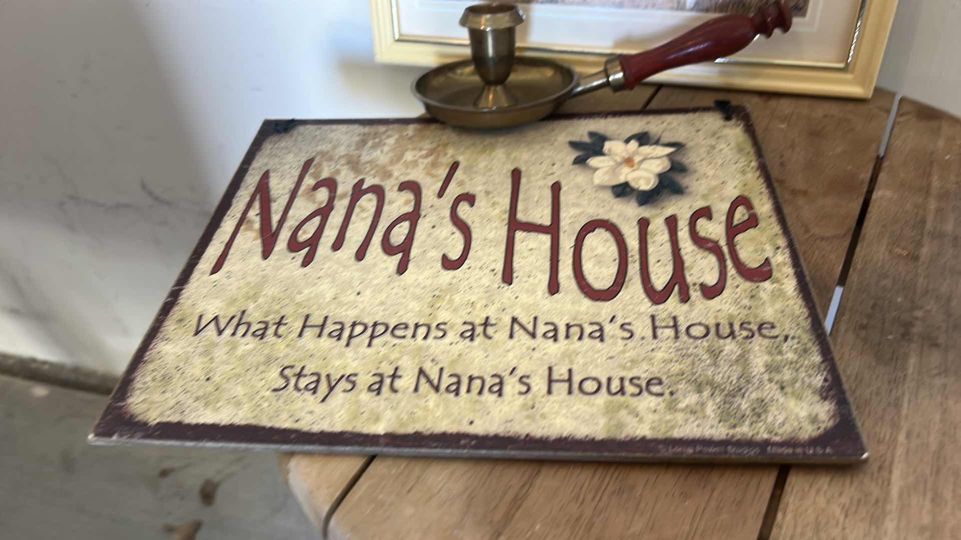 Photo 1 of VINTAGE ASSORTMENT/ WOODEN STOOL, GEESE ARTWORK, BRASS CANDLE HOLDER AND MORE