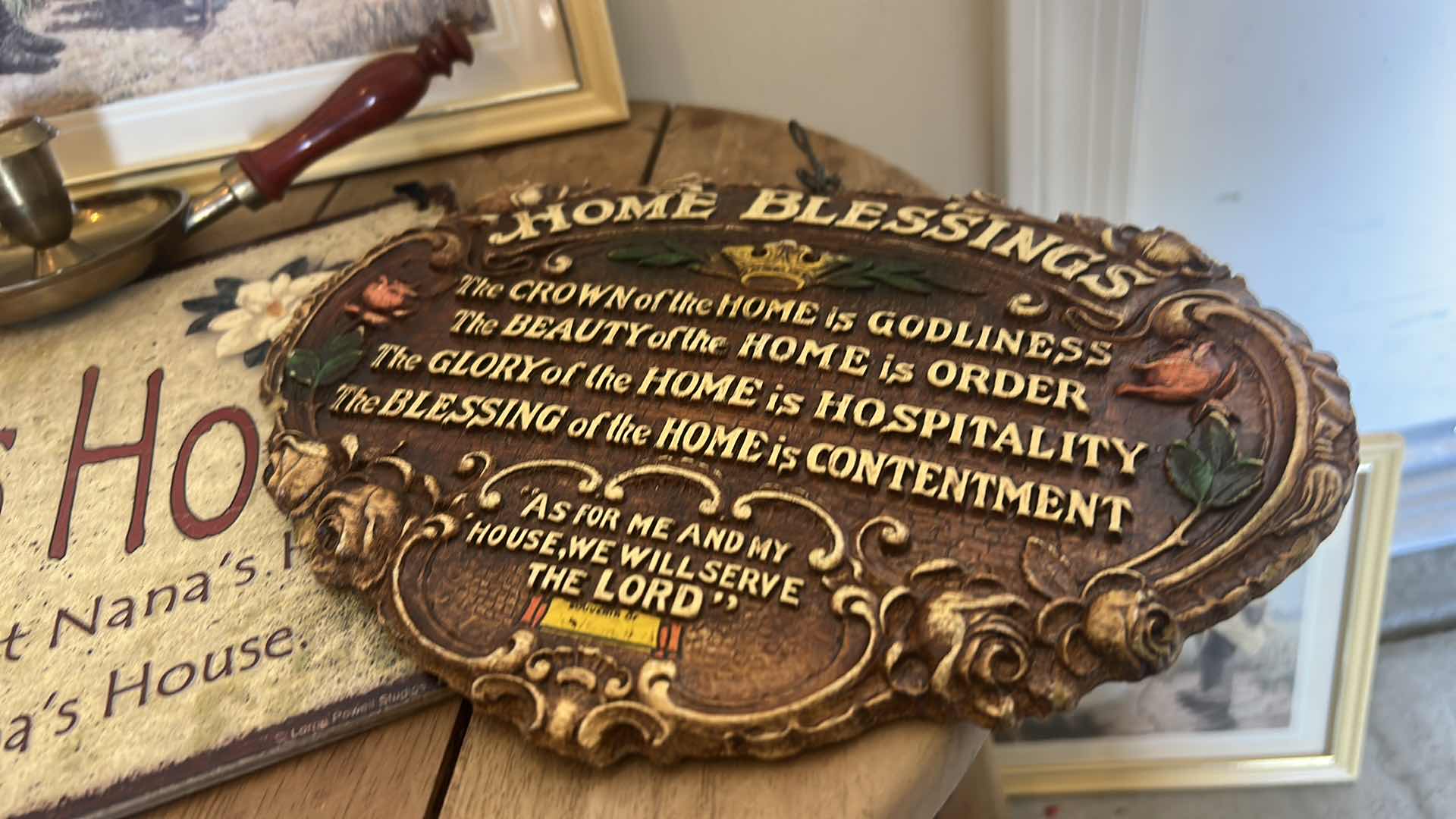 Photo 1 of VINTAGE ASSORTMENT/ WOODEN STOOL, GEESE ARTWORK, BRASS CANDLE HOLDER AND MORE