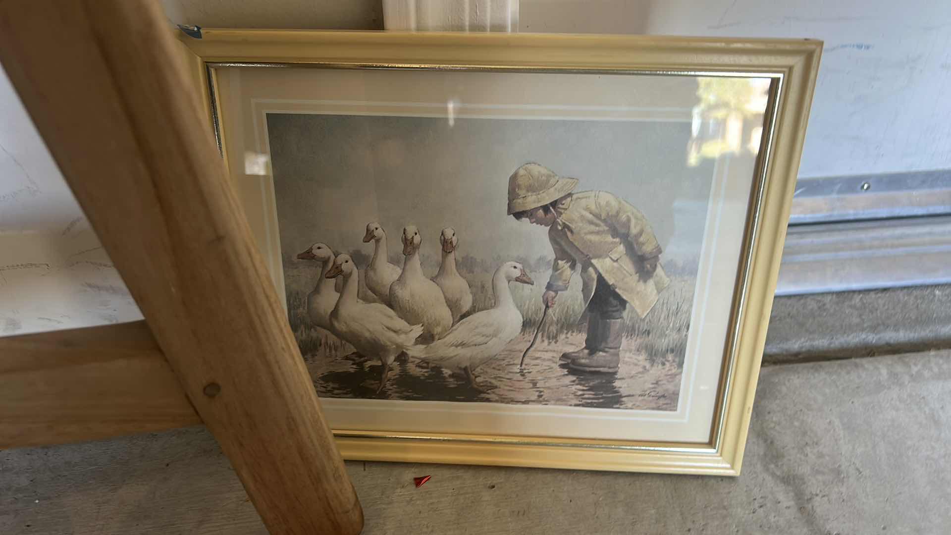 Photo 1 of VINTAGE ASSORTMENT/ WOODEN STOOL, GEESE ARTWORK, BRASS CANDLE HOLDER AND MORE