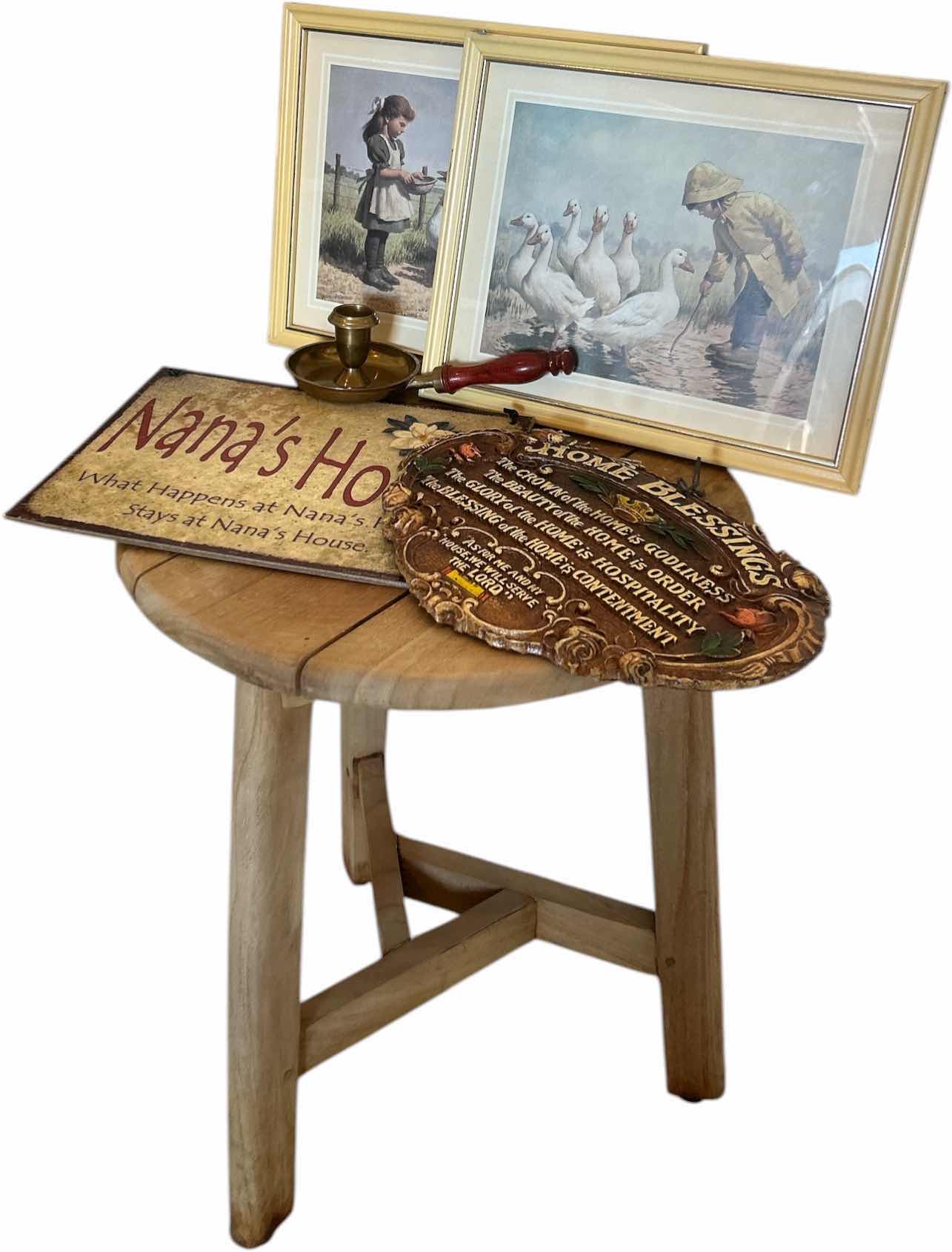 Photo 1 of VINTAGE ASSORTMENT/ WOODEN STOOL, GEESE ARTWORK, BRASS CANDLE HOLDER AND MORE