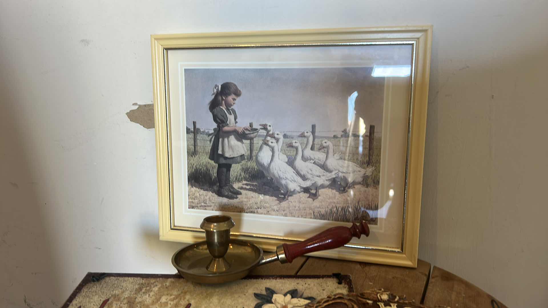 Photo 1 of VINTAGE ASSORTMENT/ WOODEN STOOL, GEESE ARTWORK, BRASS CANDLE HOLDER AND MORE
