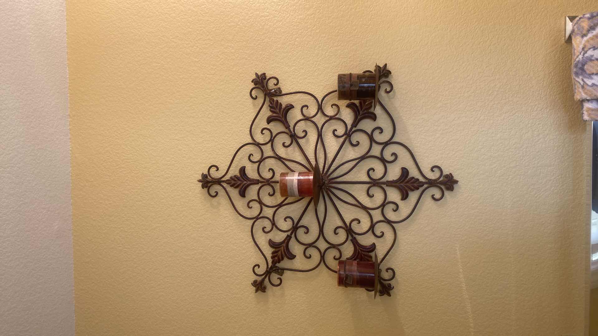 Photo 1 of 3-WALL METAL SCONCES WITH CANDLES LARGEST 18” x 21”