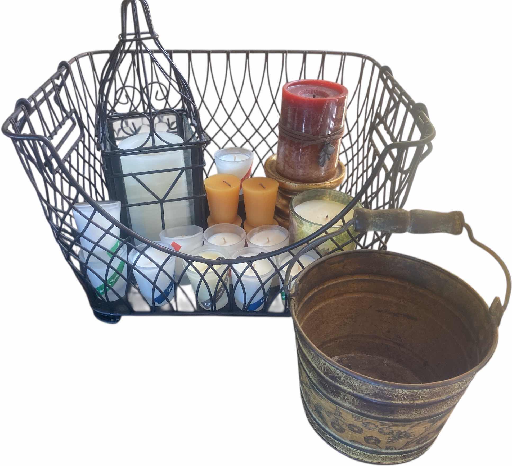 Photo 1 of FARMHOUSE BASKET WITH CANDLES & PAIL BASKET 14” x 10 1/2” H9 1/2”
