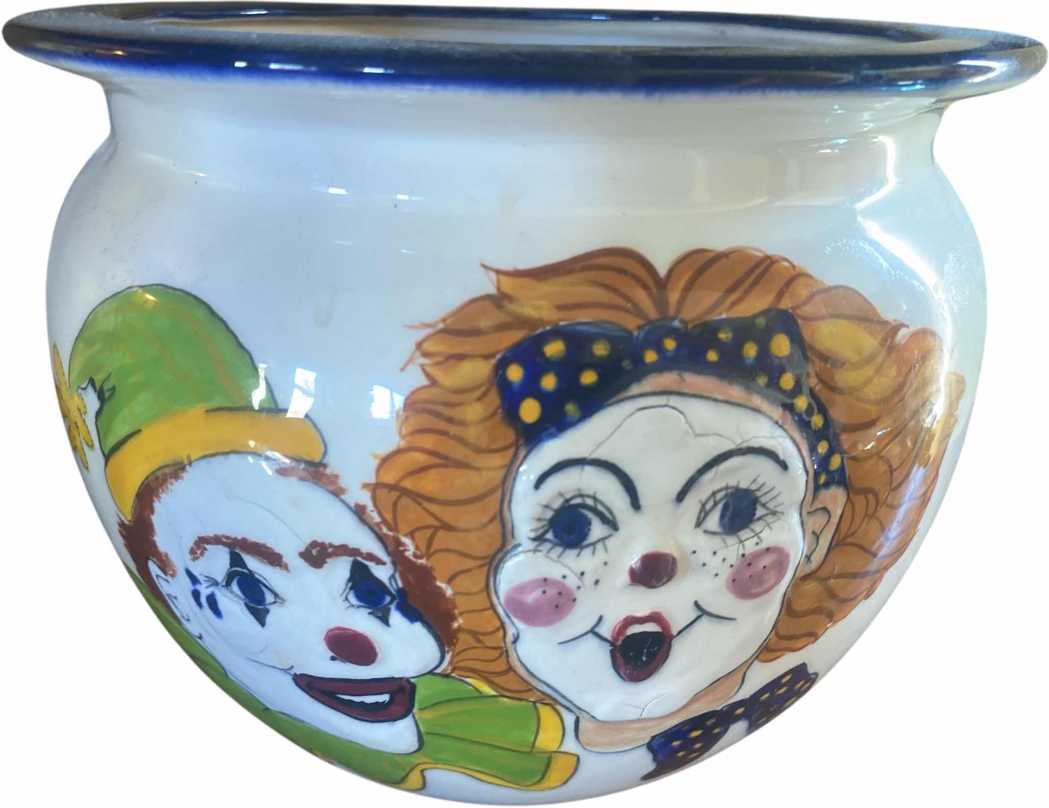 Photo 1 of HAND PAINTED CERAMIC POT WITH CLOWNS 8 1/2” x 7”