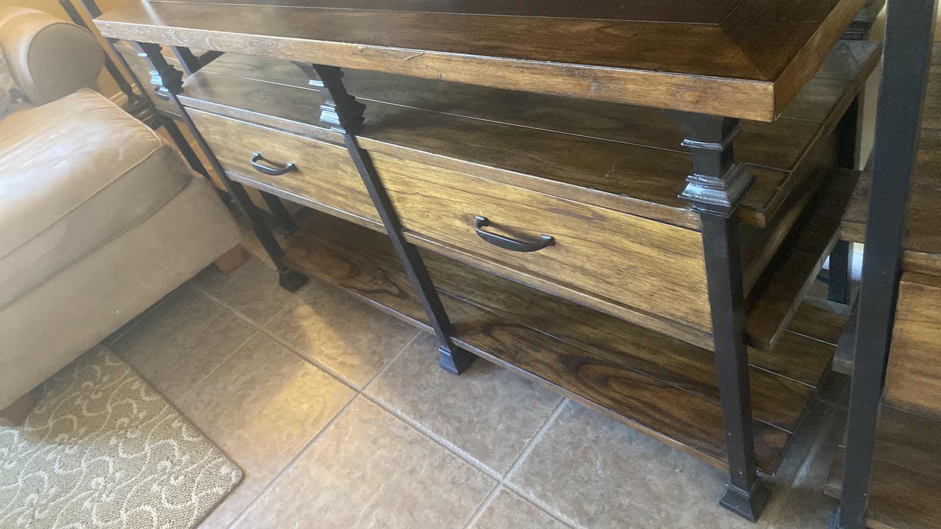 View 4 of DARK WOOD & IRON ENTERTAINMENT CENTER 54“ x 18 1/2“ H30” (two matching pieces available each sold separately)