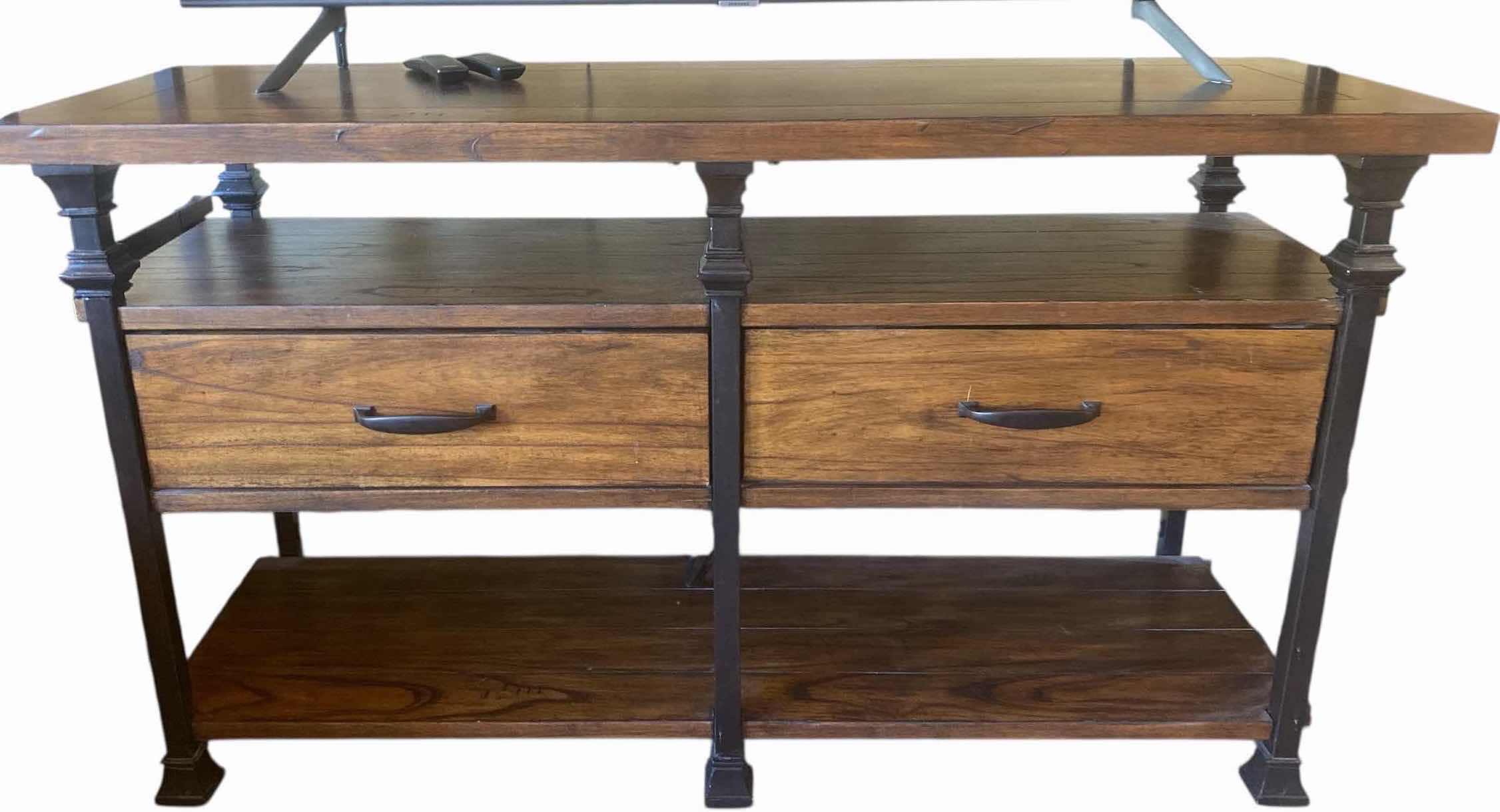View 1 of DARK WOOD & IRON ENTERTAINMENT CENTER 54“ x 18 1/2“ H30” (two matching pieces available each sold separately)