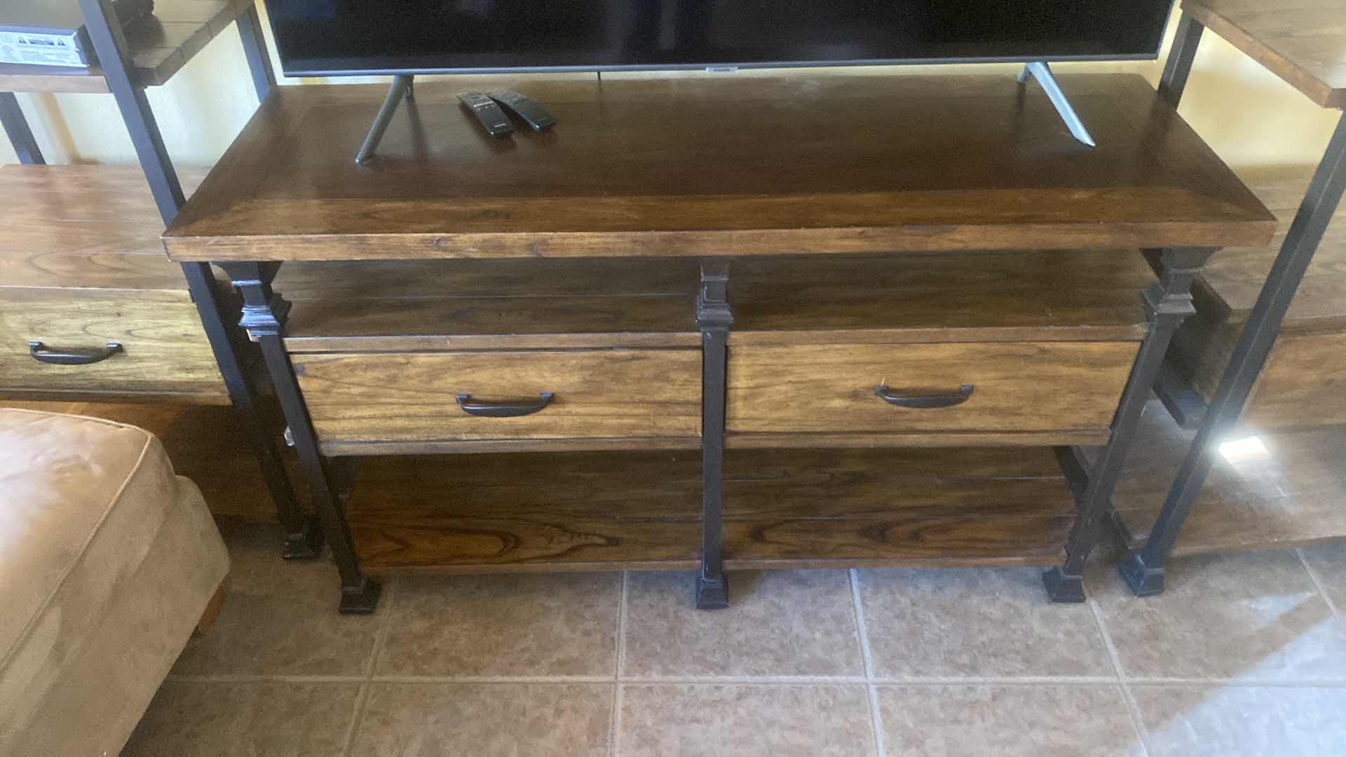 View 2 of DARK WOOD & IRON ENTERTAINMENT CENTER 54“ x 18 1/2“ H30” (two matching pieces available each sold separately)