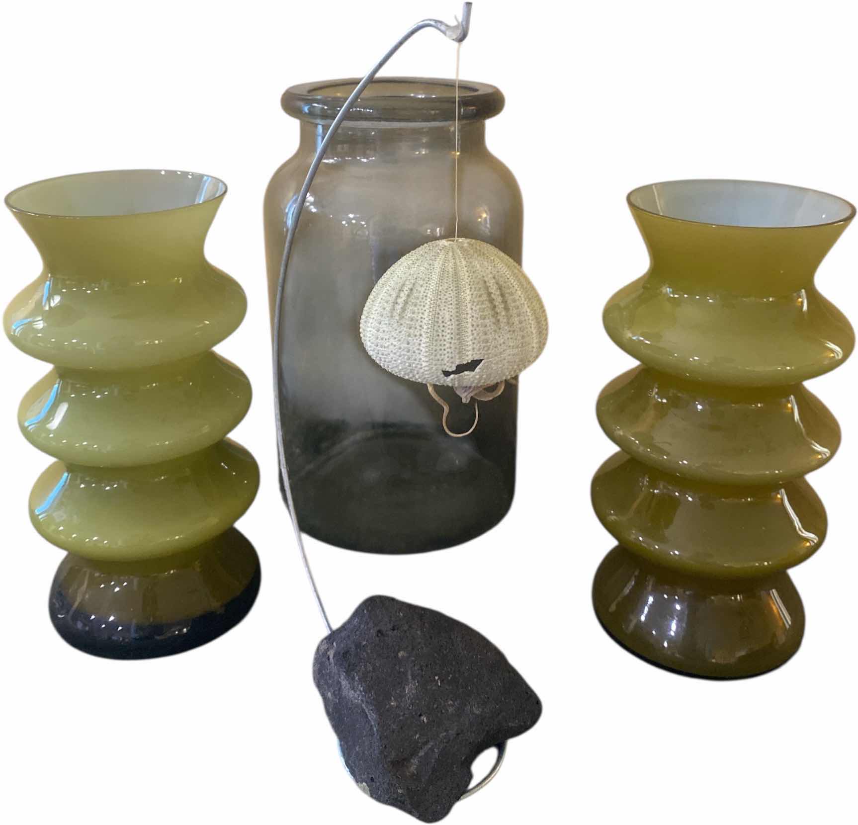 Photo 1 of 3 GREEN VASES & HANGING SEA SHELL TALLEST H9 1/2”