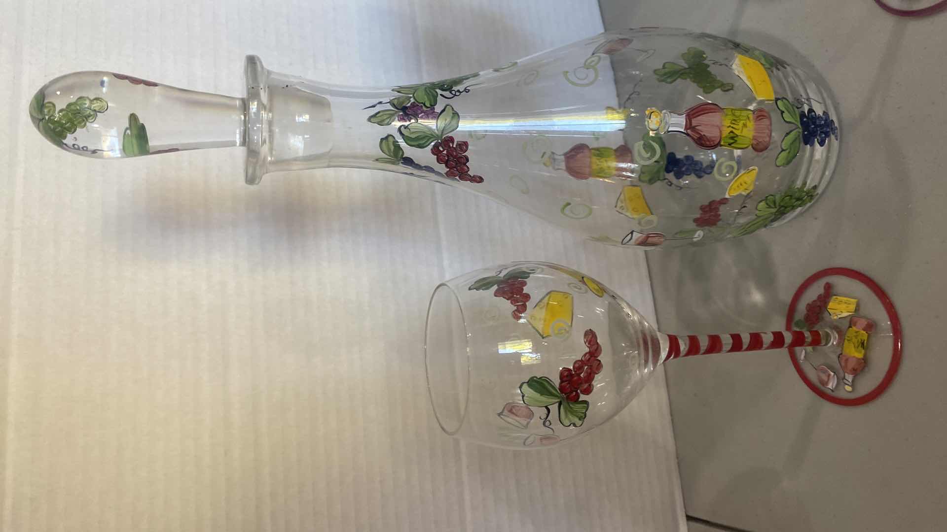 Photo 1 of HANDPRINTS GLASS DECANTER WITH 3 WINE GLASSES